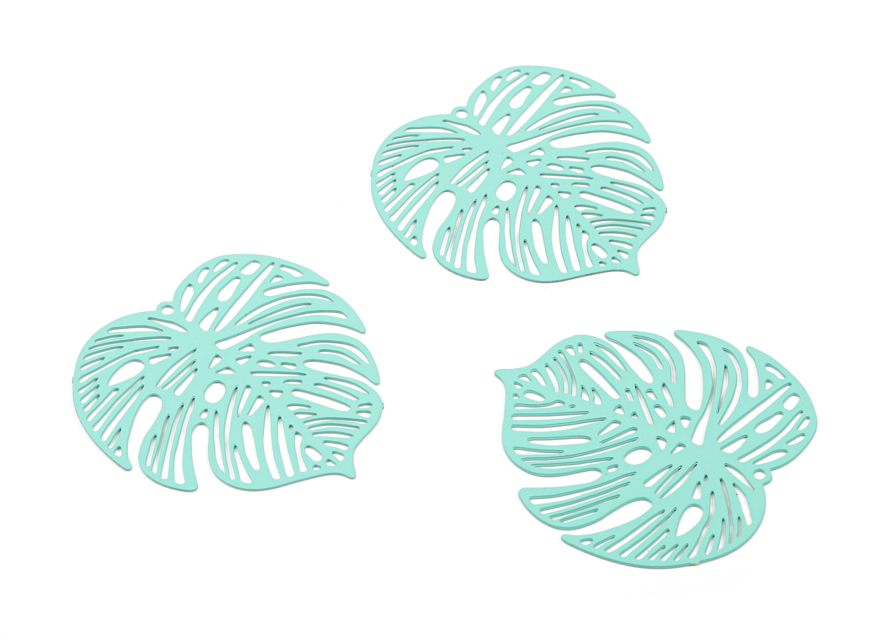 Light Turquoise Monstera Pendant - Brass Monstera Charm For Necklace - Earring Supplies - Color Code: J21 - 37x36.43x5.47mm - JJB5106-J21 - DOMEDBAZAAR