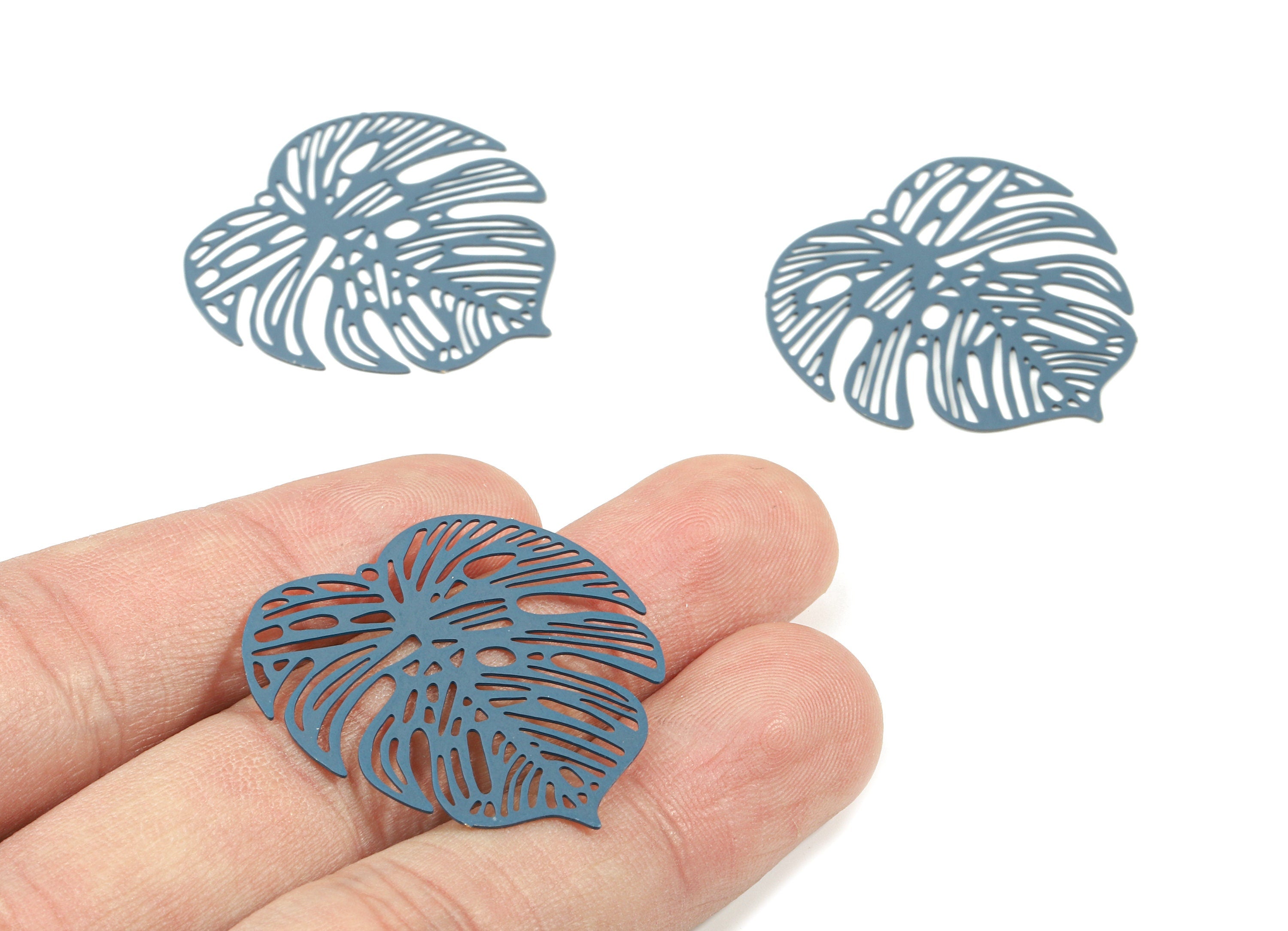 Navy Monstera Pendant - Brass Monstera Charm For Necklace - Earring Supplies - Color Code: J04 - 37x36.43x5.47mm - JJB5106-J04 - DOMEDBAZAAR