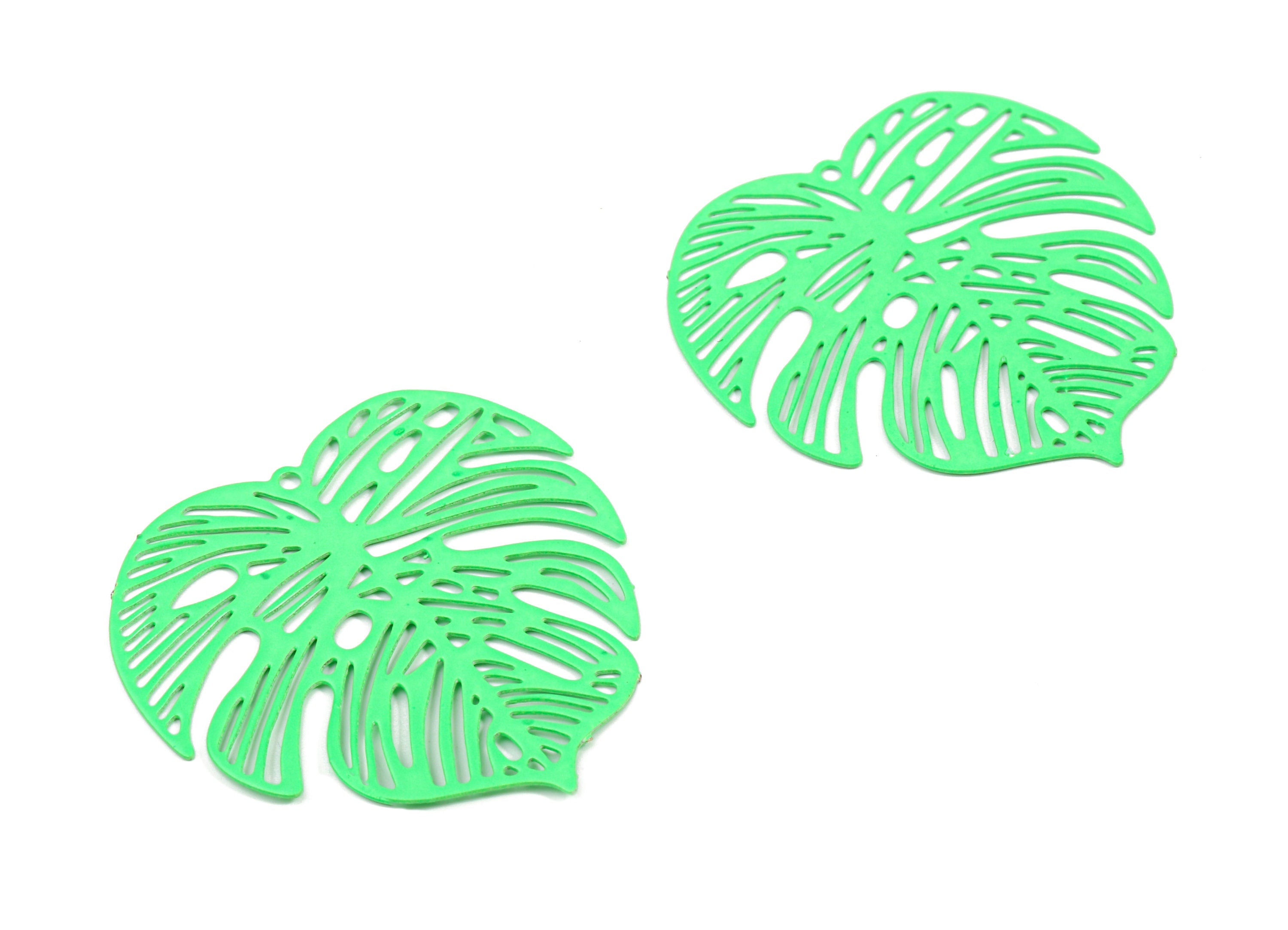 Luminous Green Monstera Pendant - Brass Monstera Charm For Necklace - Earring Supplies - Color Code: J12 - 37x36.43x5.47mm - JJB5106-J12 - DOMEDBAZAAR