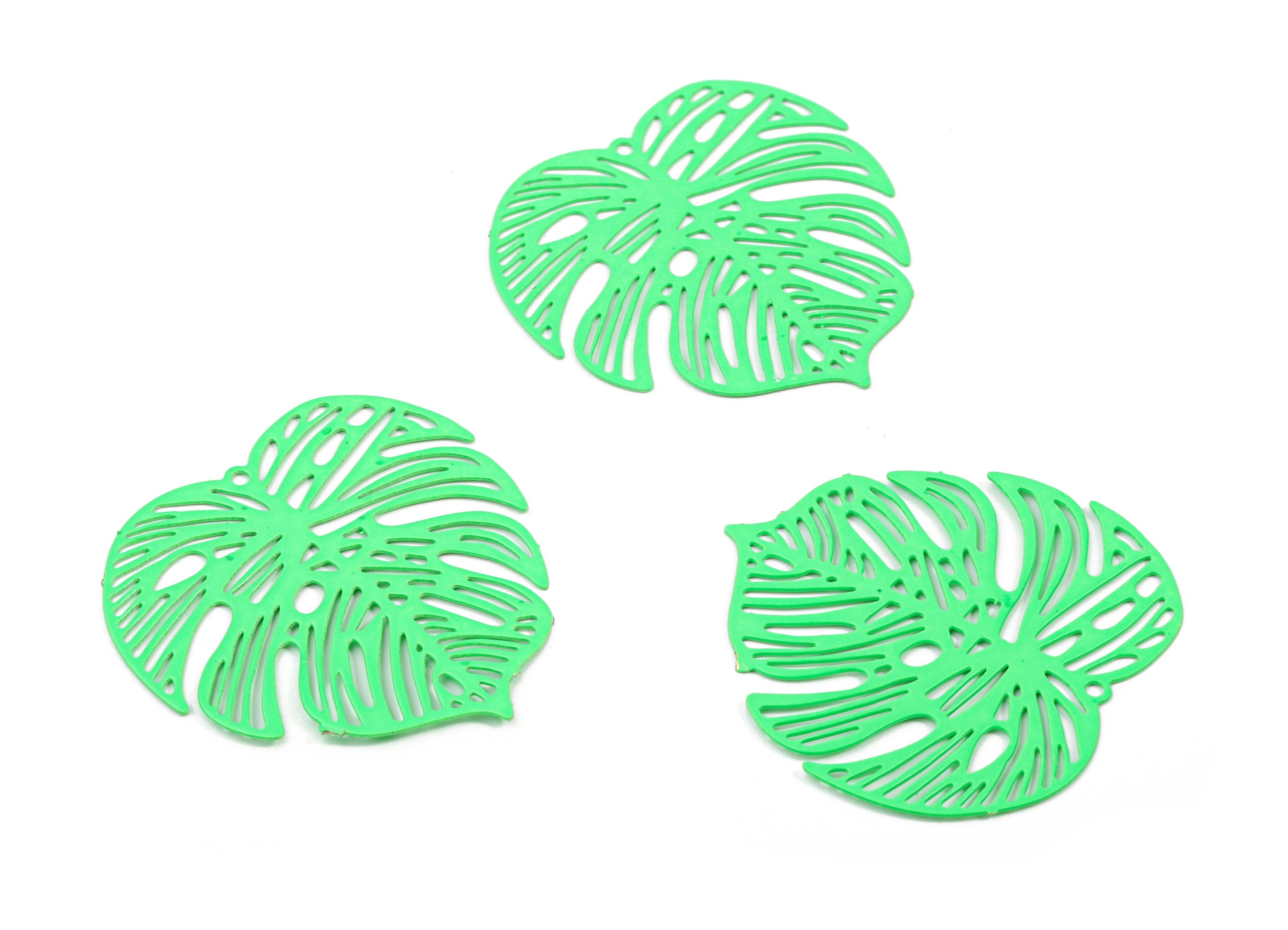 Luminous Green Monstera Pendant - Brass Monstera Charm For Necklace - Earring Supplies - Color Code: J12 - 37x36.43x5.47mm - JJB5106-J12 - DOMEDBAZAAR