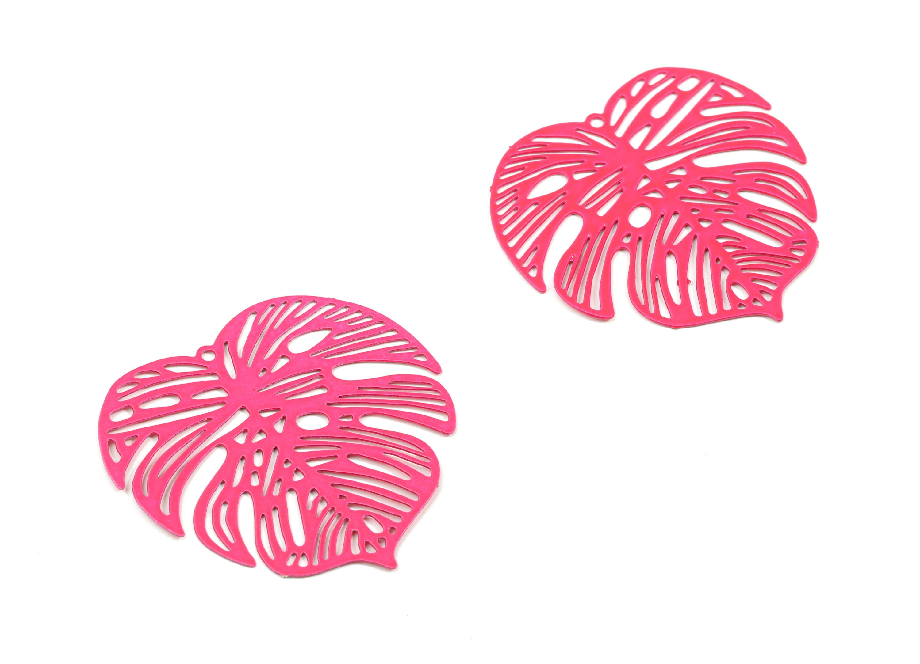 Fushia Pink Monstera Pendant - Brass Monstera Charm For Necklace - Earring Supplies - Color Code: J15 - 37x36.43x5.47mm - JJB5106-J15 - DOMEDBAZAAR