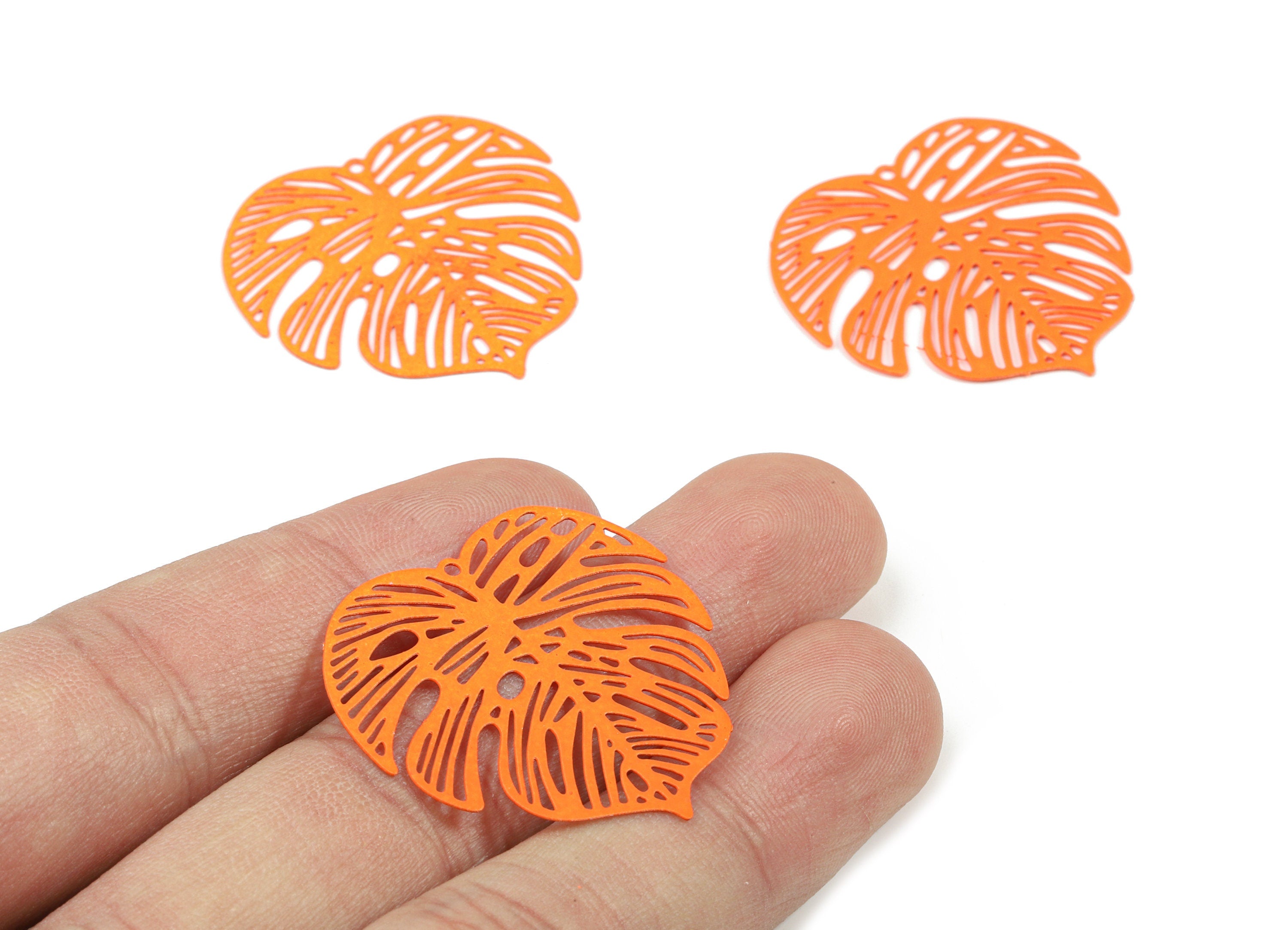 Luminous Orange Monstera Pendant - Brass Monstera Charm For Necklace - Earring Supplies - Color Code: J20 - 37x36.43x5.47mm - JJB5106-J20 - DOMEDBAZAAR