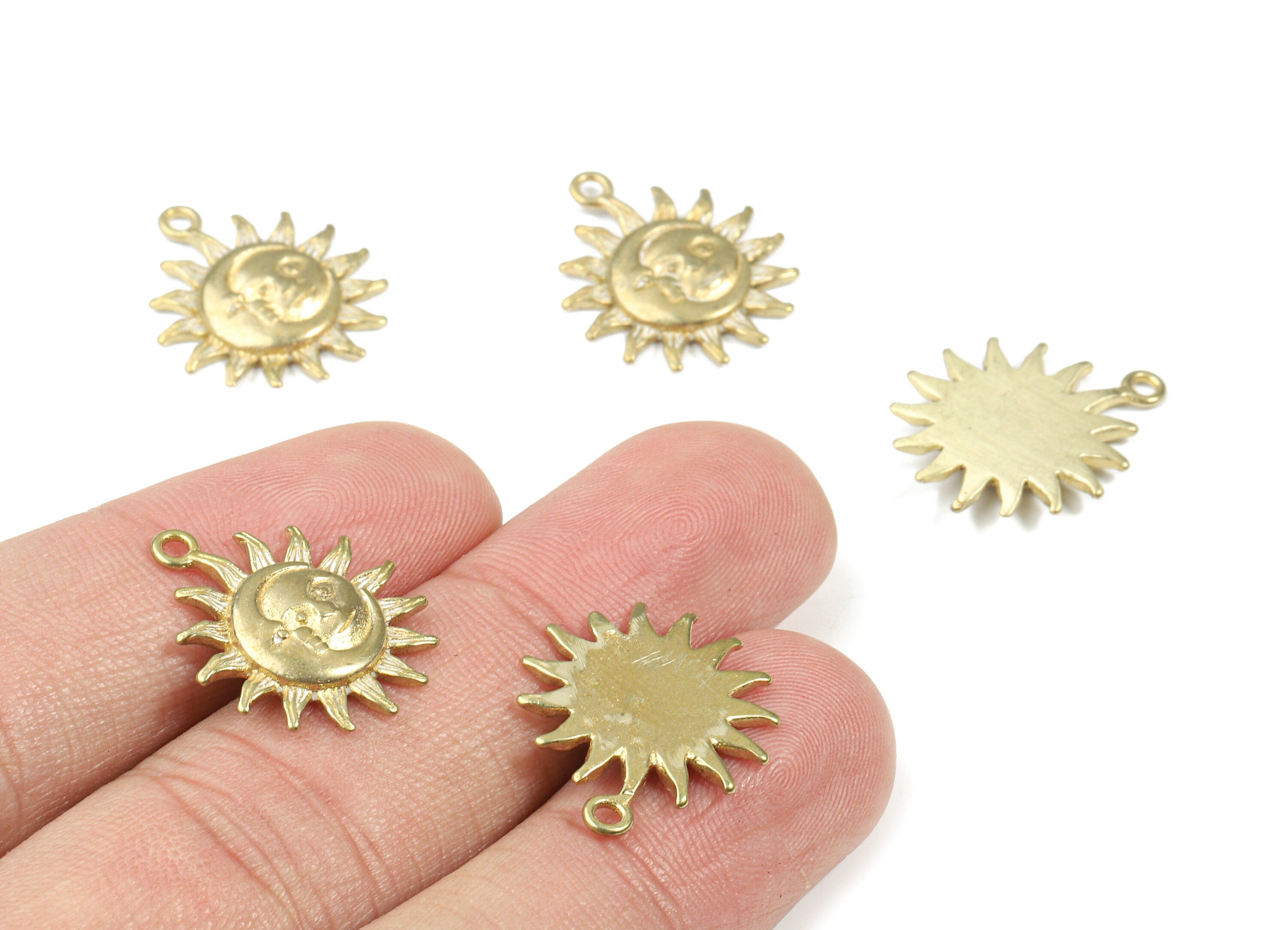 Brass Moon Face Earring Charms - Raw Brass Sun Face Pendant - Round Earring Charm - Jewelry Supplies - 20.21x16.85x2.3mm - PP3225 - DOMEDBAZAAR