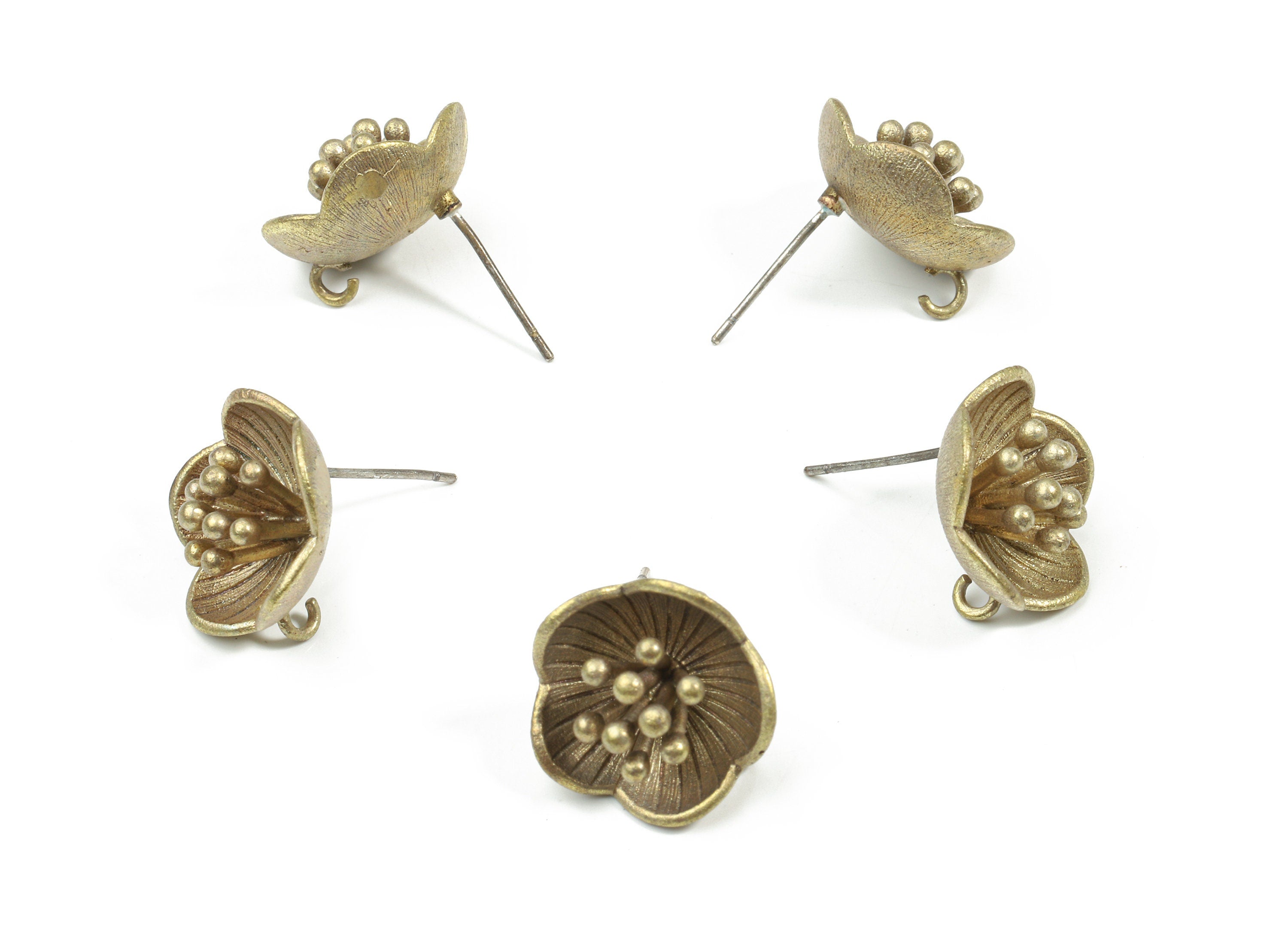 Brass Water Lily Earring Stud With Loop - Raw Brass Flower Earring Post - 325 Real Silver Stud - Jewelry Supplies - 15.9x15.9x8.5mm - PP3226 - DOMEDBAZAAR