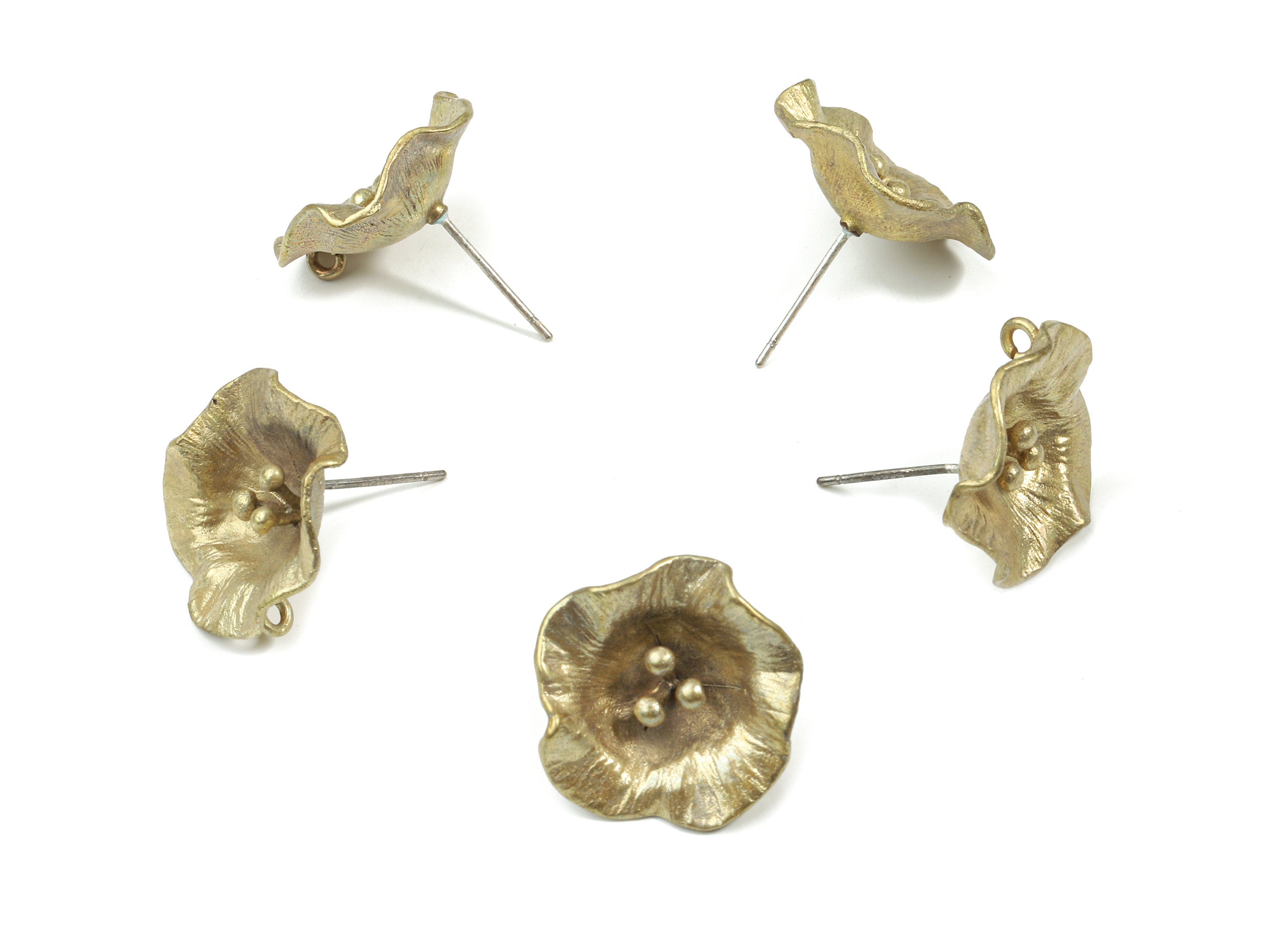 Brass Flower Earring Stud With Loop - Raw Brass Water Lily Earring Post - 325 Real Silver Stud - Jewelry Supplies - 17.6x17.6x0.8mm - PP3242 - DOMEDBAZAAR