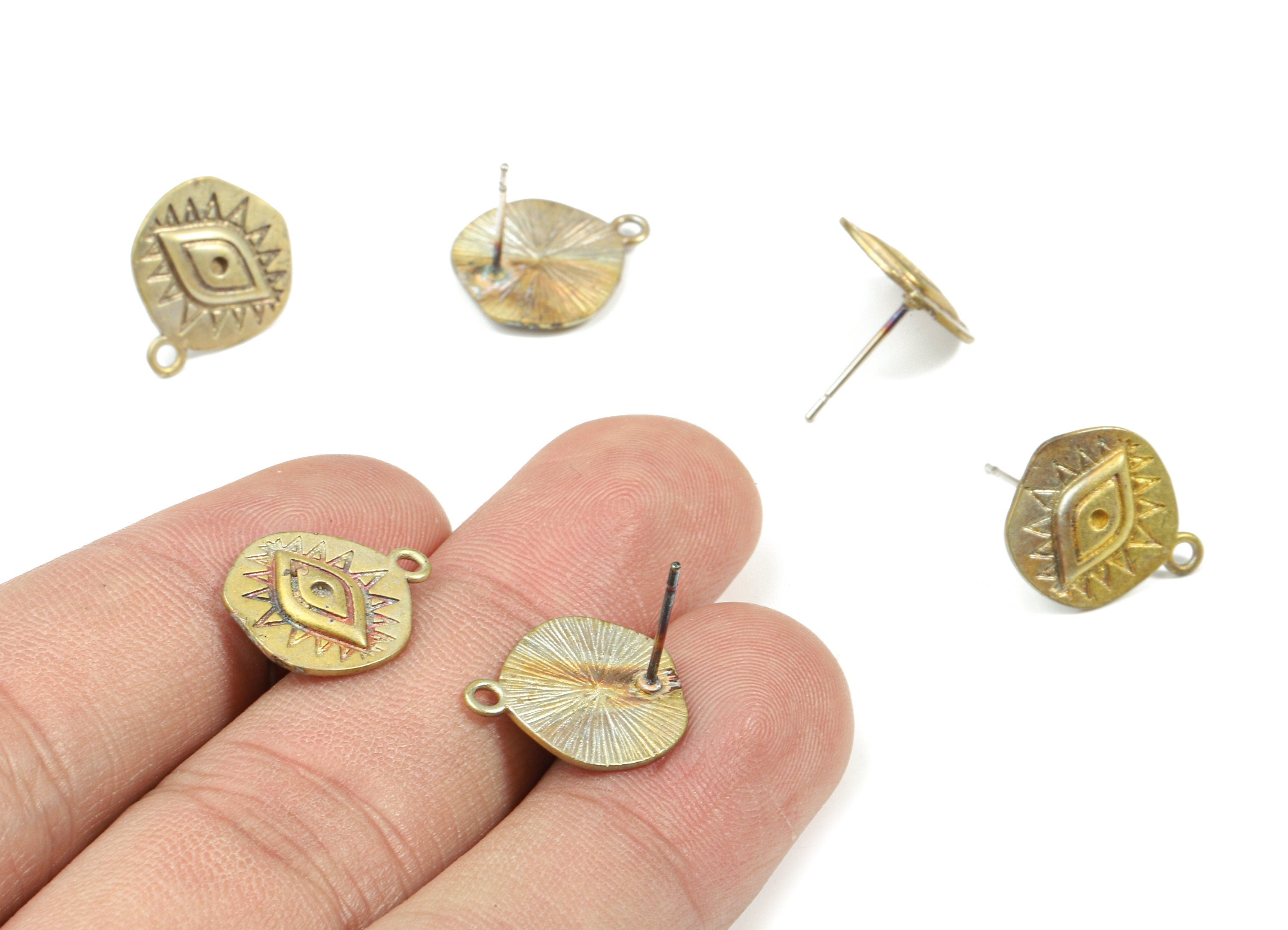 Brass Eye Earring Stud With Loop - Raw Brass Eye Round Earring Post - Surgical Stud - Jewelry Supplies - 15.51x13.38x1.8mm - PP3254 - DOMEDBAZAAR