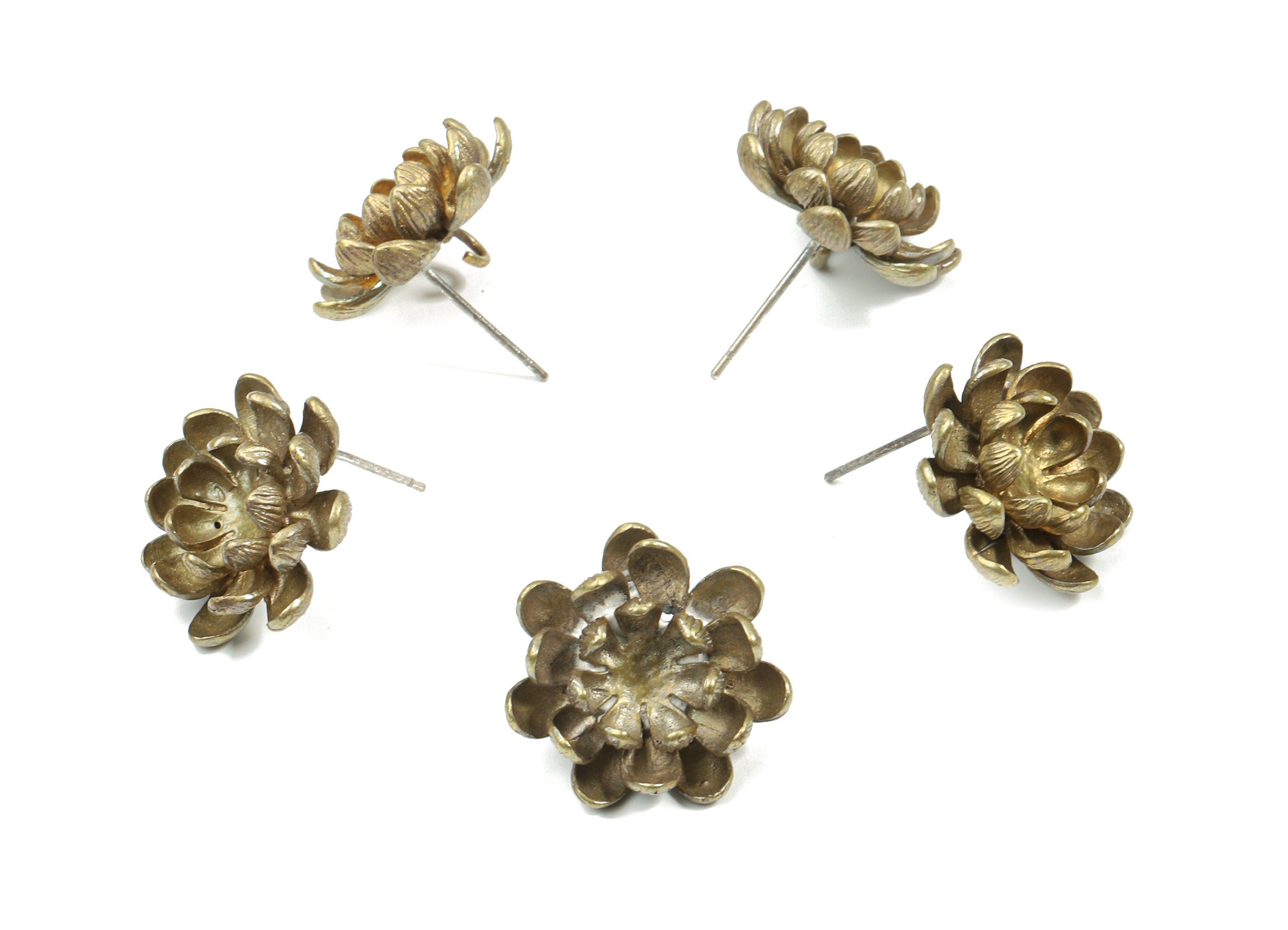 Brass Flower Earring Stud With Loop - Raw Brass Water Lily Earring Post - 325 Real Silver Stud - Jewelry Supplies - 18.2x18.2x1.5mm - PP3240 - DOMEDBAZAAR
