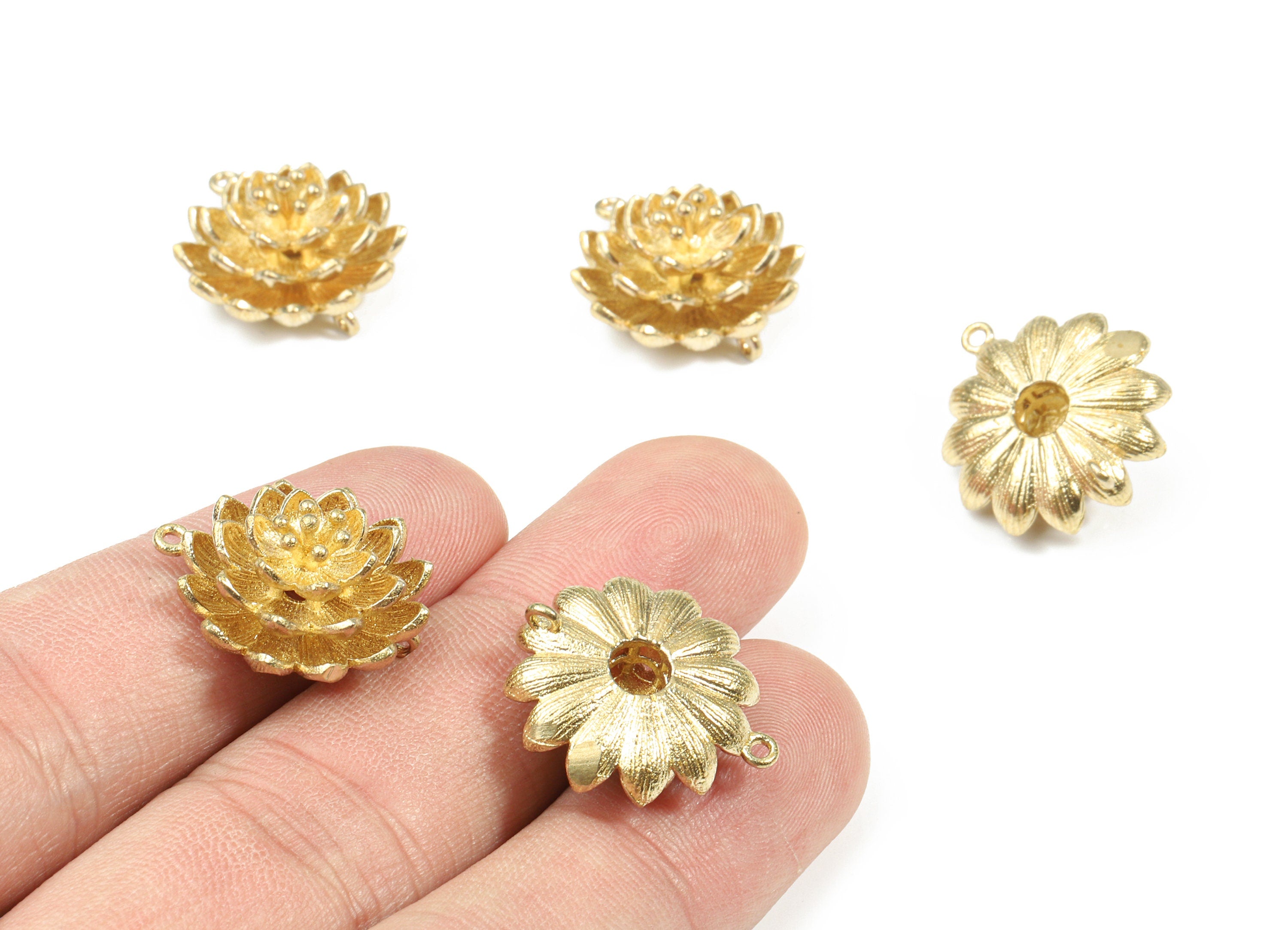 Brass Water Lily Earring Charms - Raw Brass Flower Connectors - Earring Findings - Jewelry Supplies - 24.35x20.01x1.68mm - PP3228 - DOMEDBAZAAR