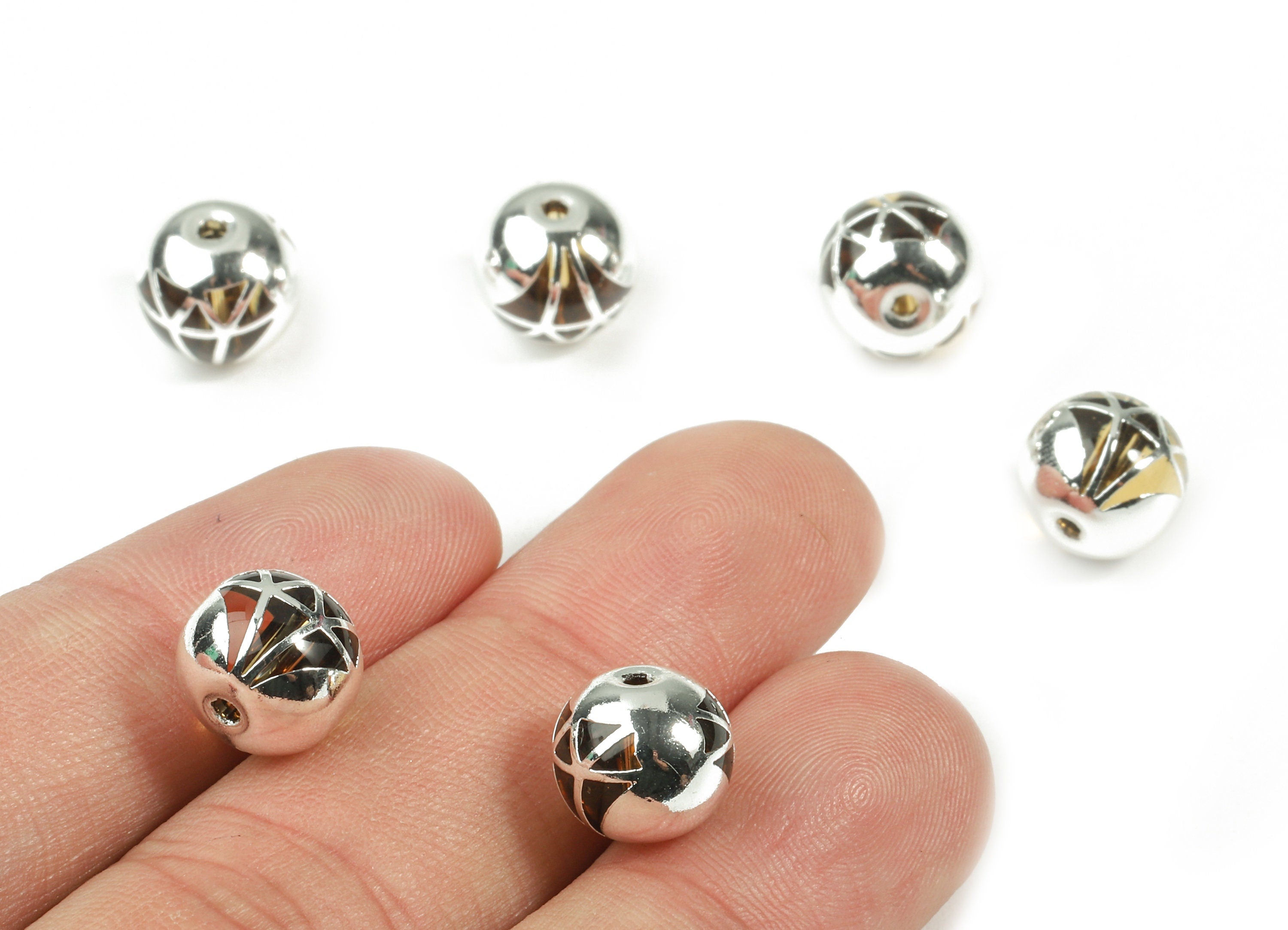 Glass Spacer Ball Beads - Copper And K9 Brown Crystal Glass Diamond Bead - 925 Silver Plated Copper - Jewelry Supplies -10.2x9.3mm - GS1016S - DOMEDBAZAAR