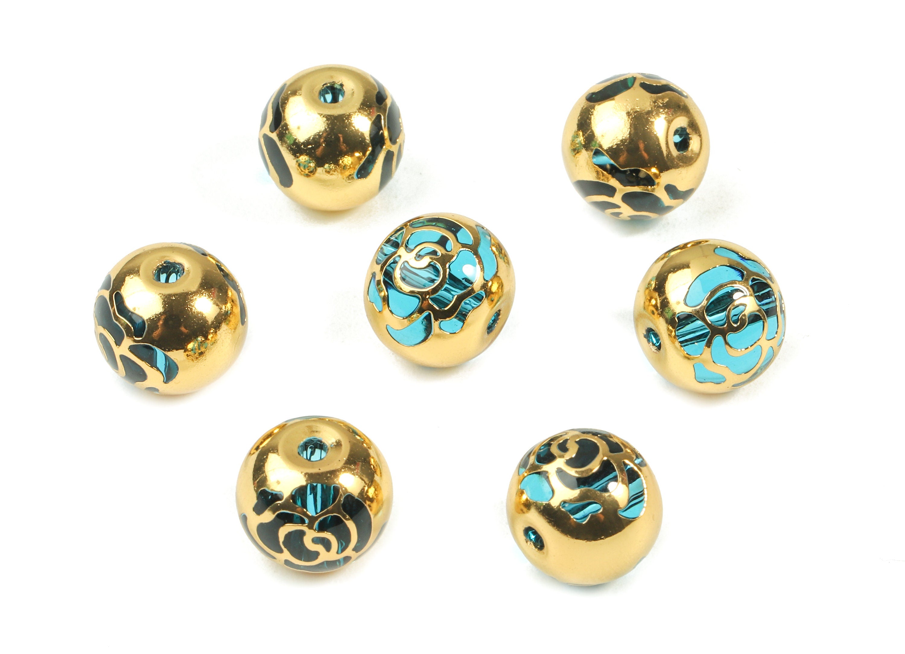 Glass Spacer Ball Beads - Copper And K9 Blue Crystal Glass Rose Beads - 18K Real Gold Plated Copper - 10.24x9.11mm - GS1015G - DOMEDBAZAAR