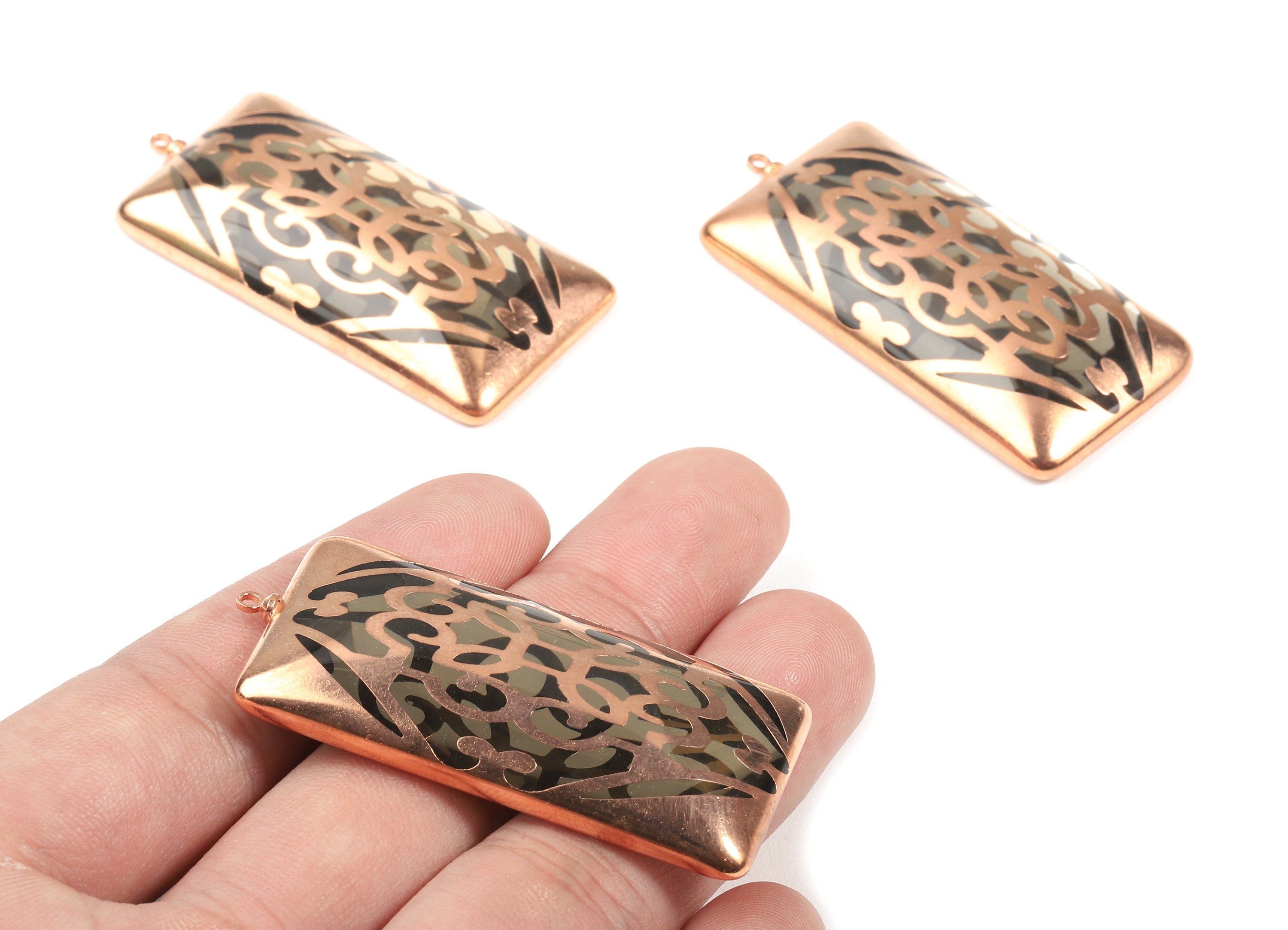 Glass Ractangle Charms - Copper Finished Glass Pendant - Copper And Glass Charms - Jewelry Supplies - 53.63x24.66x8.28mm - GS1029 - DOMEDBAZAAR