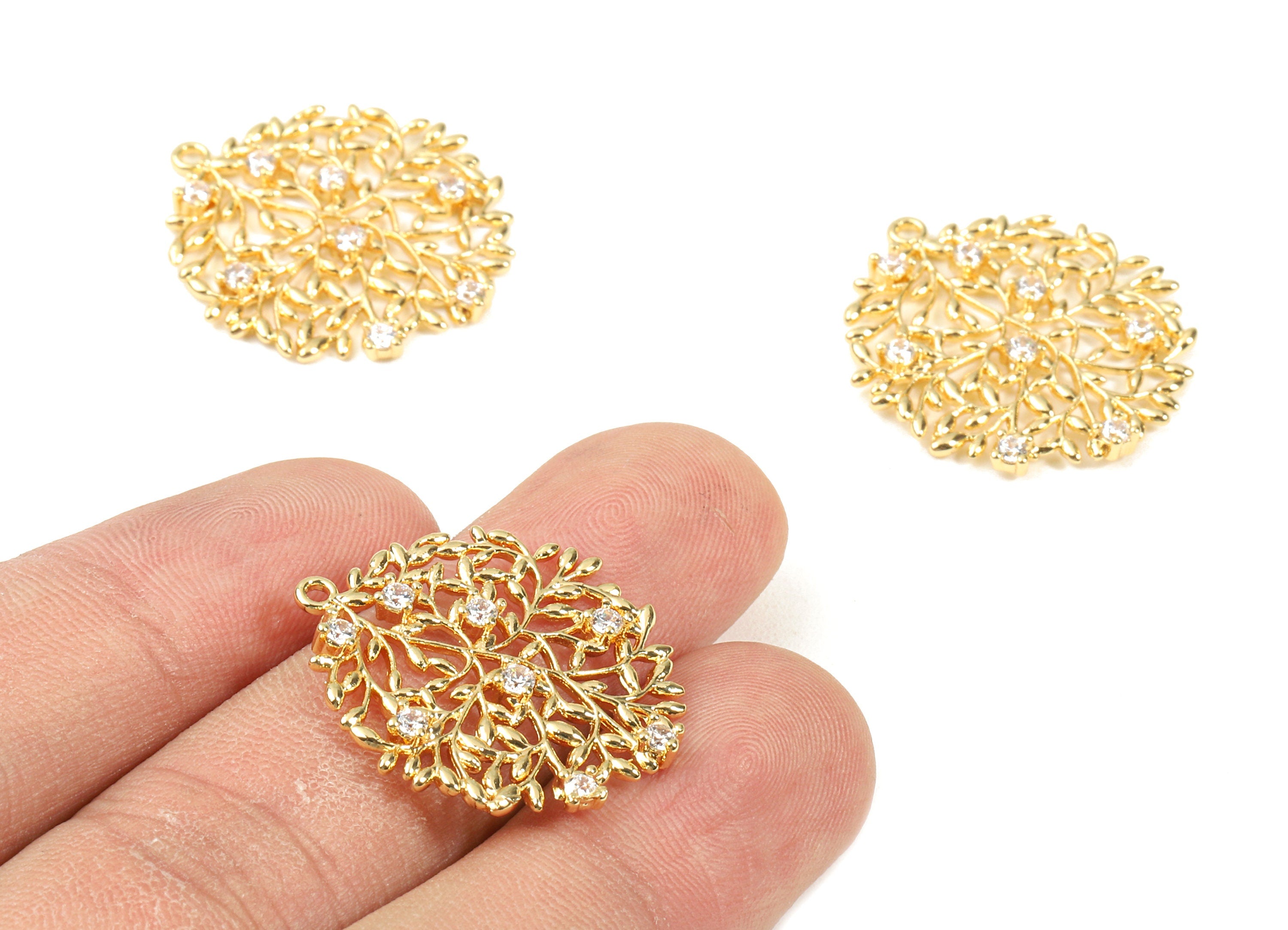 Brass Branch Charm With Zircons - Brass Earring Charm - Branch Necklace Pendant - 18K Real Gold Plating Brass - 25.87x23.23x2.38mm - RGP2331 - DOMEDBAZAAR