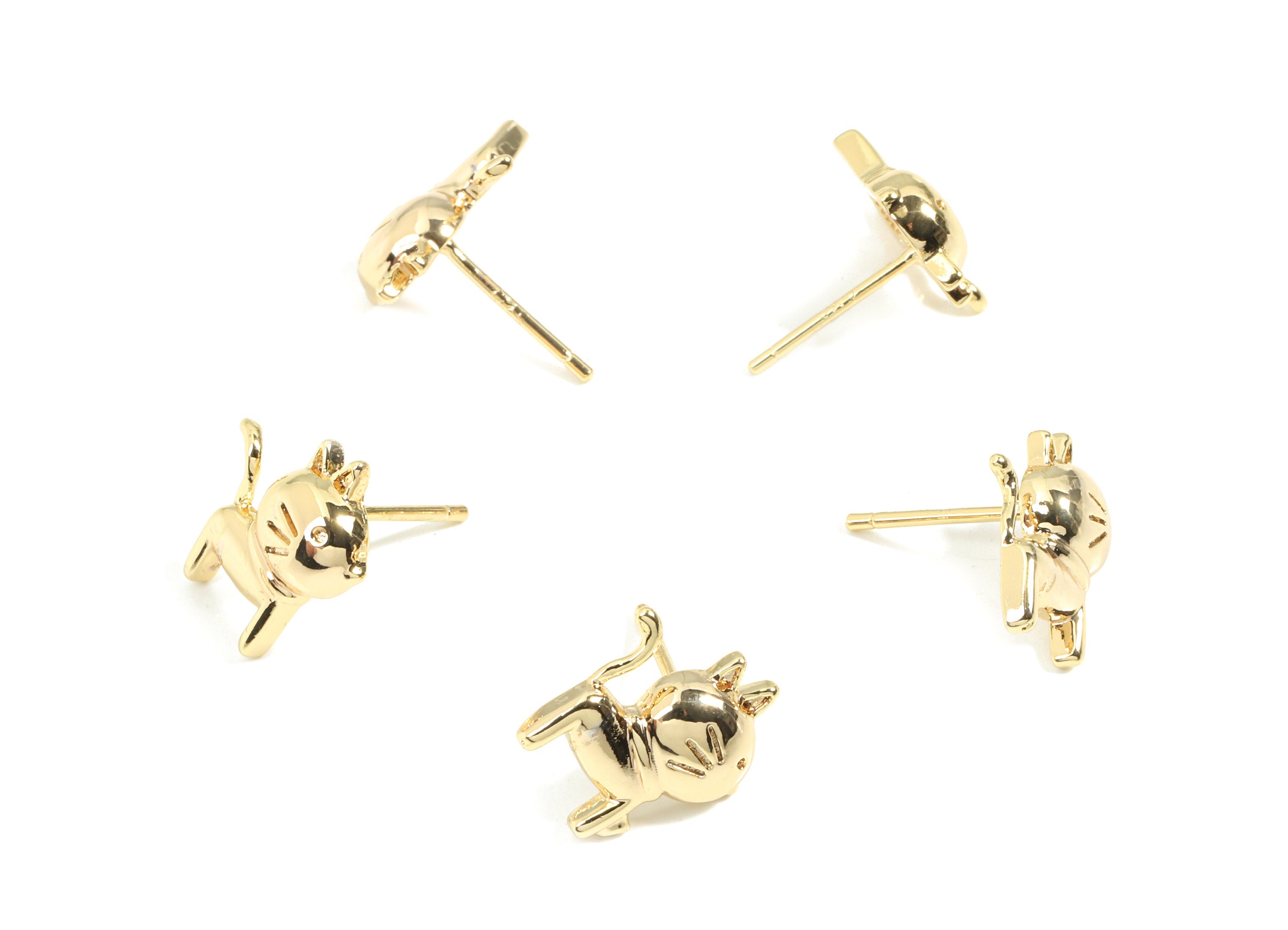 Brass Cat Earring Post - Gold Cat Earring Stud - 18K Real Gold Plated Brass - Surgical Stud - Jewelry Supplies - 12.6x11.9x3mm - RGP2601 - DOMEDBAZAAR
