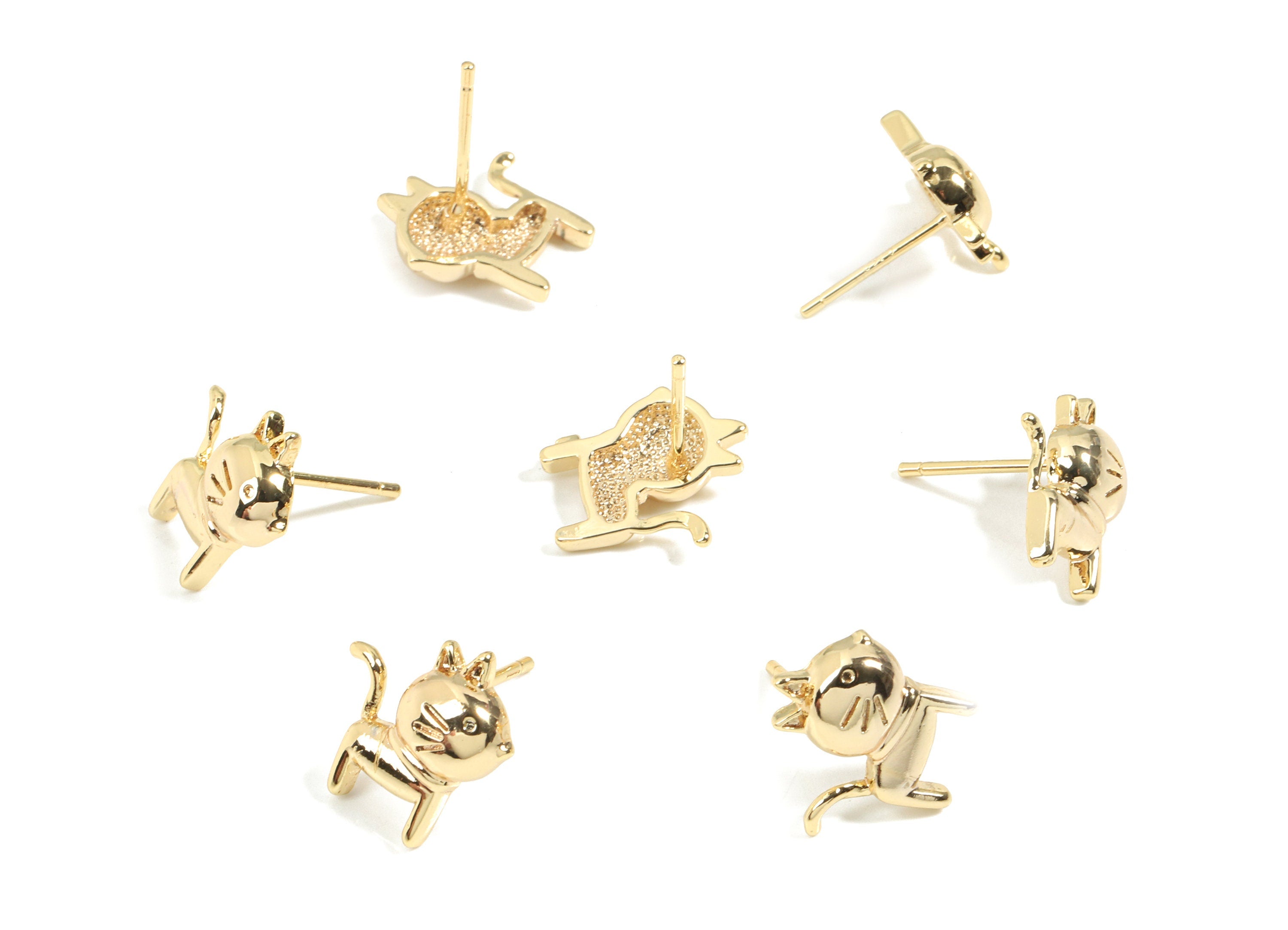 Brass Cat Earring Post - Gold Cat Earring Stud - 18K Real Gold Plated Brass - Surgical Stud - Jewelry Supplies - 12.6x11.9x3mm - RGP2601 - DOMEDBAZAAR