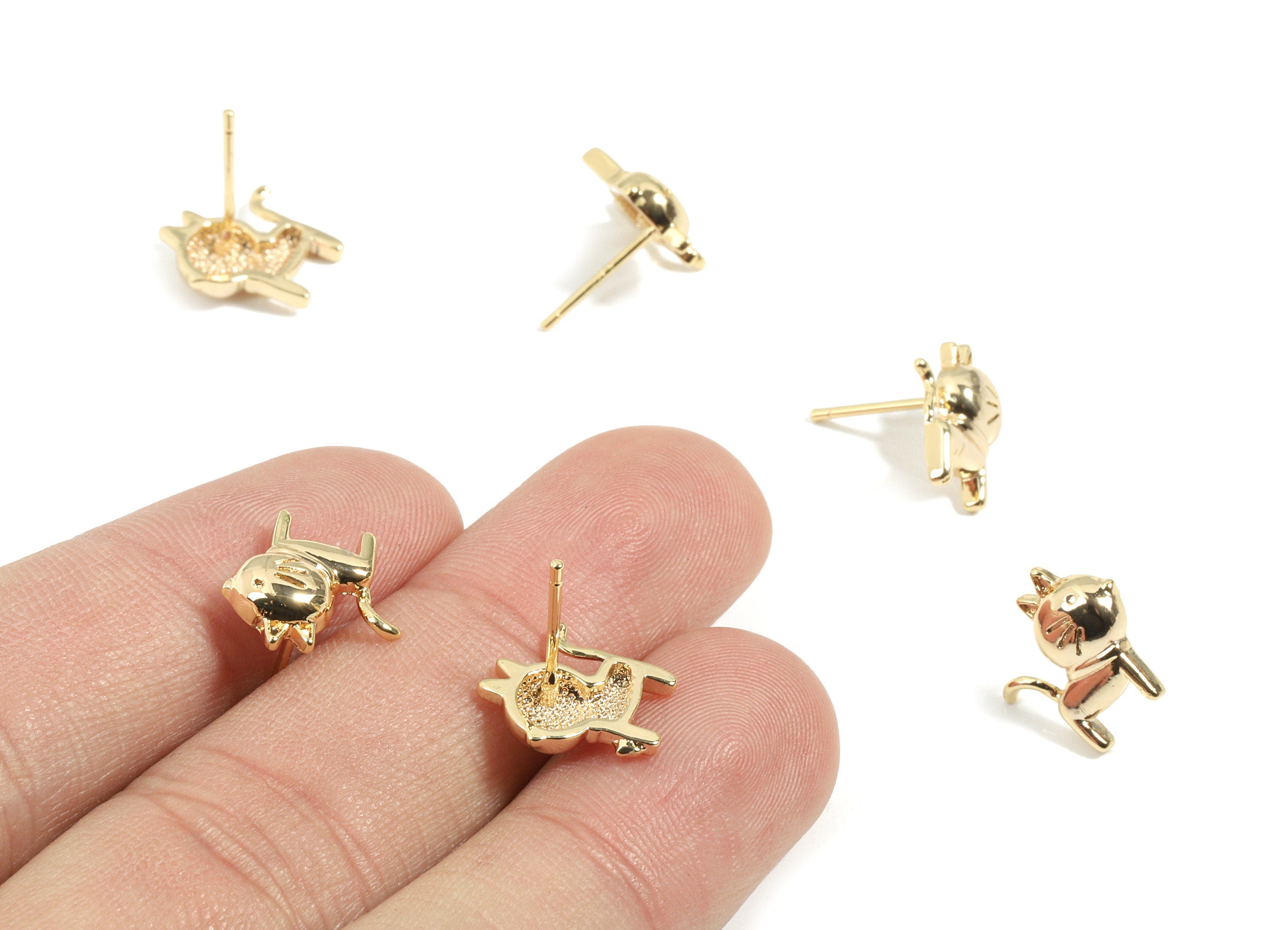 Brass Cat Earring Post - Gold Cat Earring Stud - 18K Real Gold Plated Brass - Surgical Stud - Jewelry Supplies - 12.6x11.9x3mm - RGP2601 - DOMEDBAZAAR