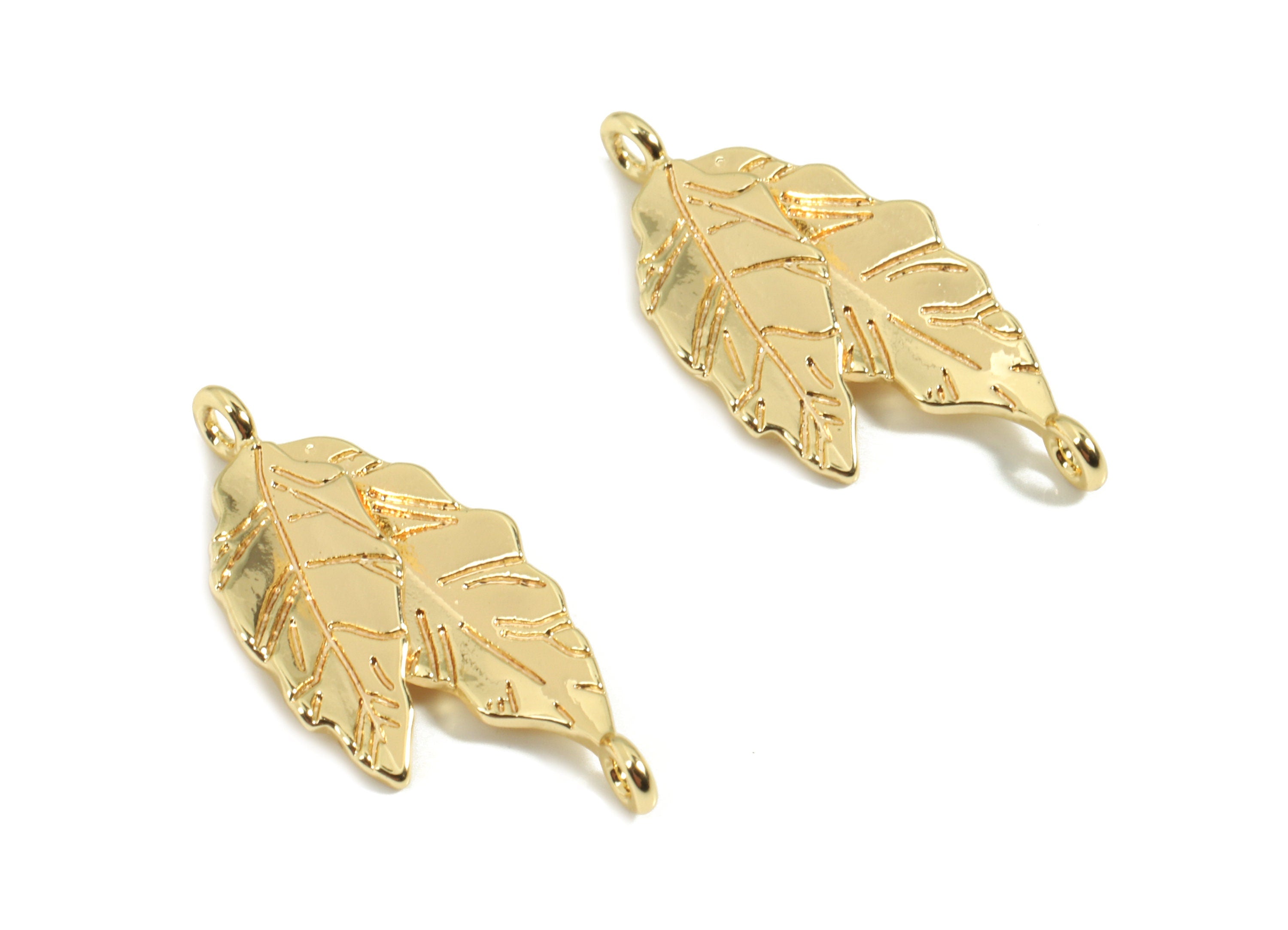 Brass Leafs Earring Charms - Gold Double Leaf Pendant - 18K Real Gold Plated Brass - Jewelry Supplies - 22.37x10.22x2.57mm - RGP2602 - DOMEDBAZAAR