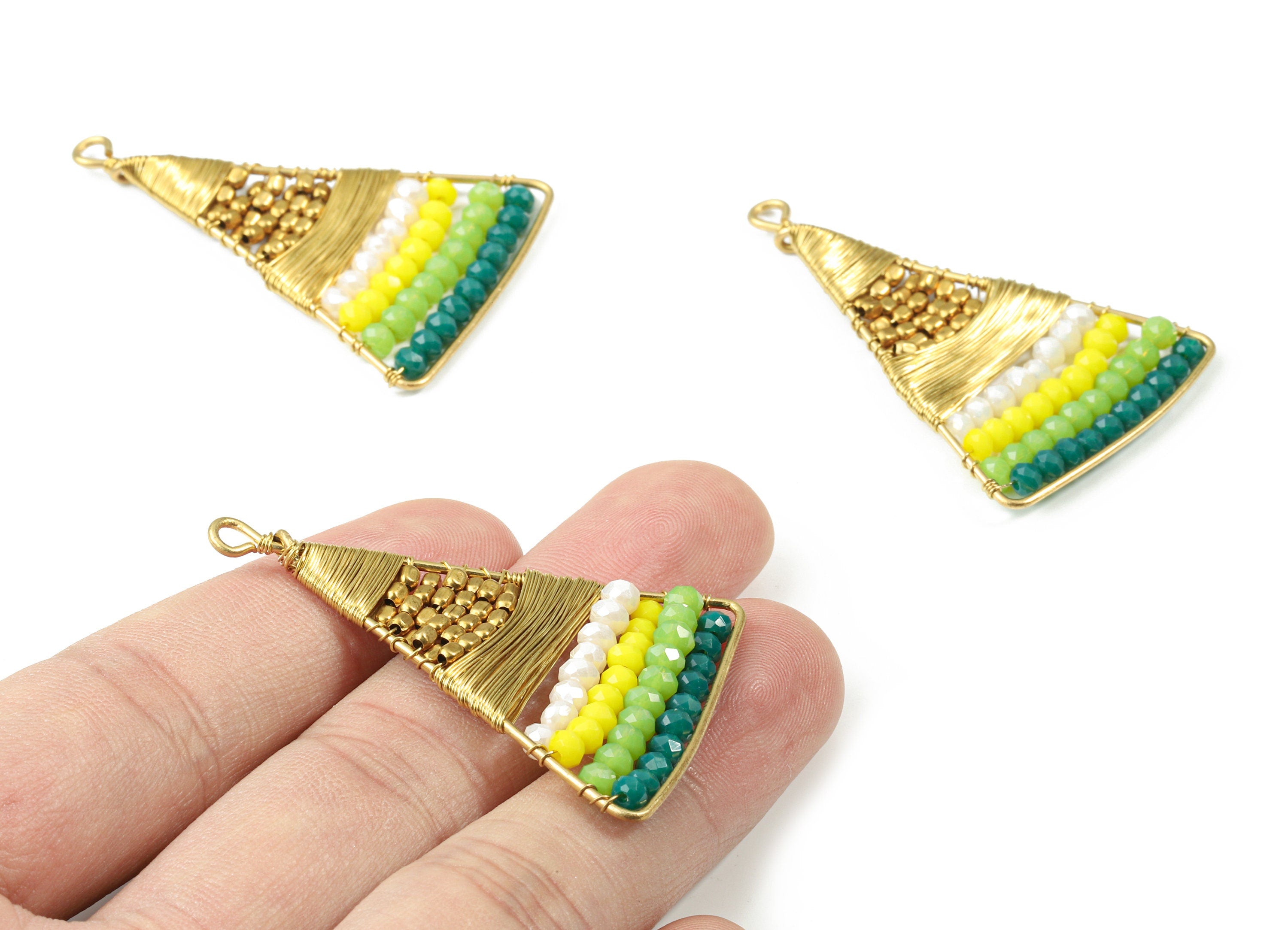 Glass Beaded Brass Triangle Earring Charms - Handmade Glass Beaded Brass - Earring Wire - Japanese Seed Beads - 47.76x31.42x3.37mm - TH1074B - DOMEDBAZAAR