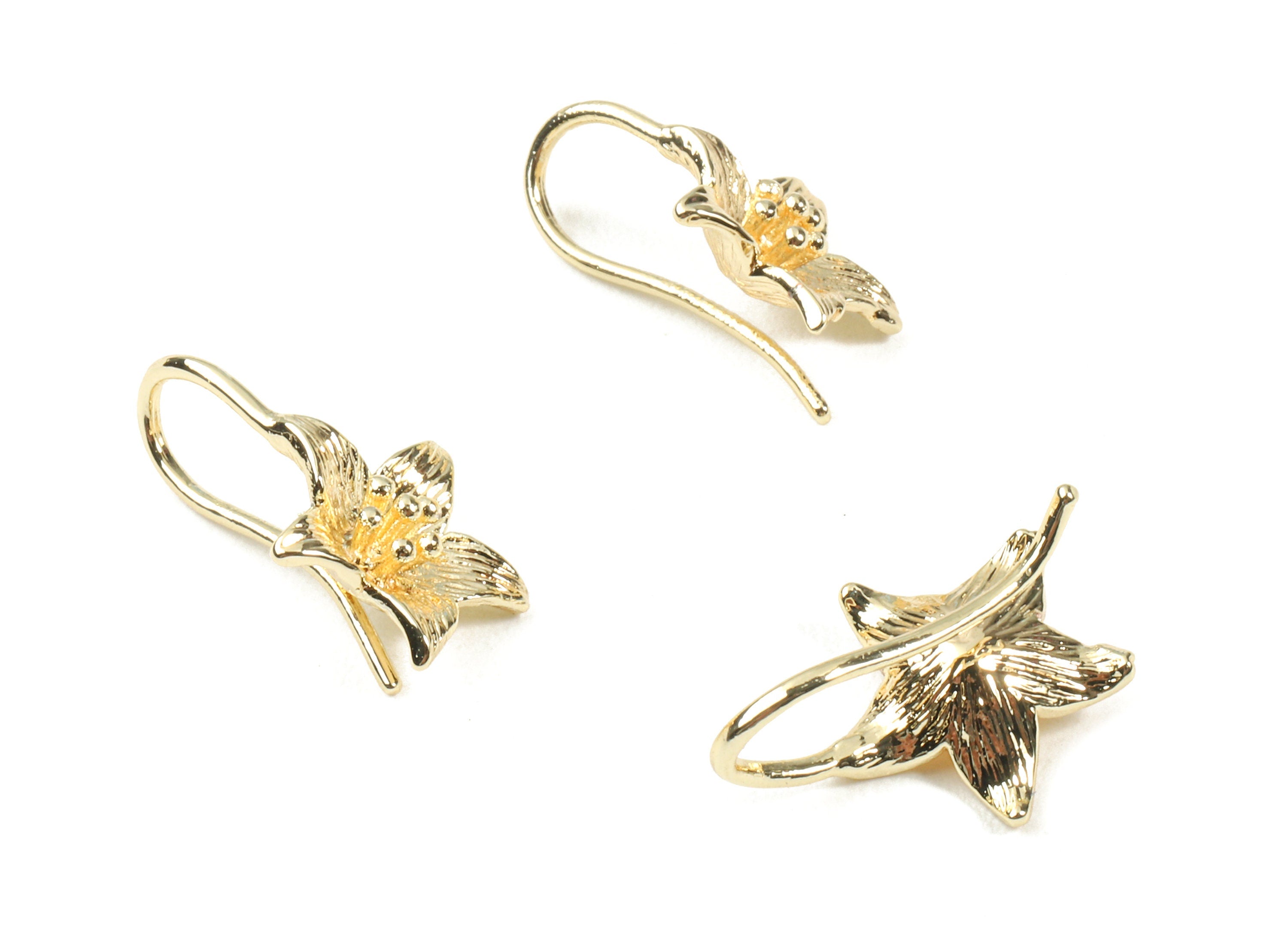 Brass Flower Earring Hooks - Brass Flower Earring Wires - 18K Real Gold Plated Brass - Jewelry Supplies - 15.54x11.3x1.13mm - RGP2343 - DOMEDBAZAAR