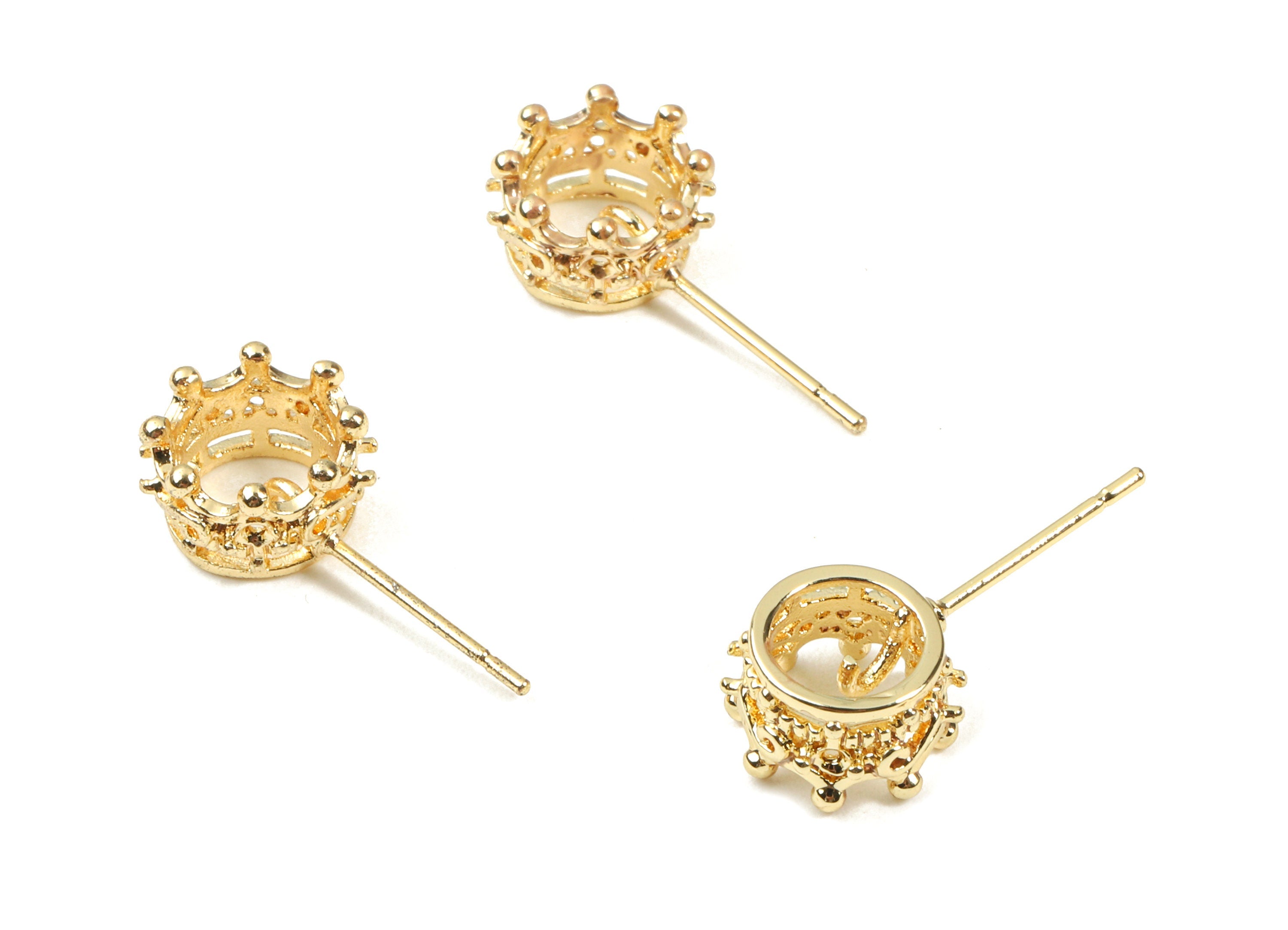 Brass Crown Earing Stud With Loop - Brass Crown Earring Post - 18K Real Gold Plated Brass - Jewelry Supplies - 9.69x5.85x1.18mm - RGP2348 - DOMEDBAZAAR