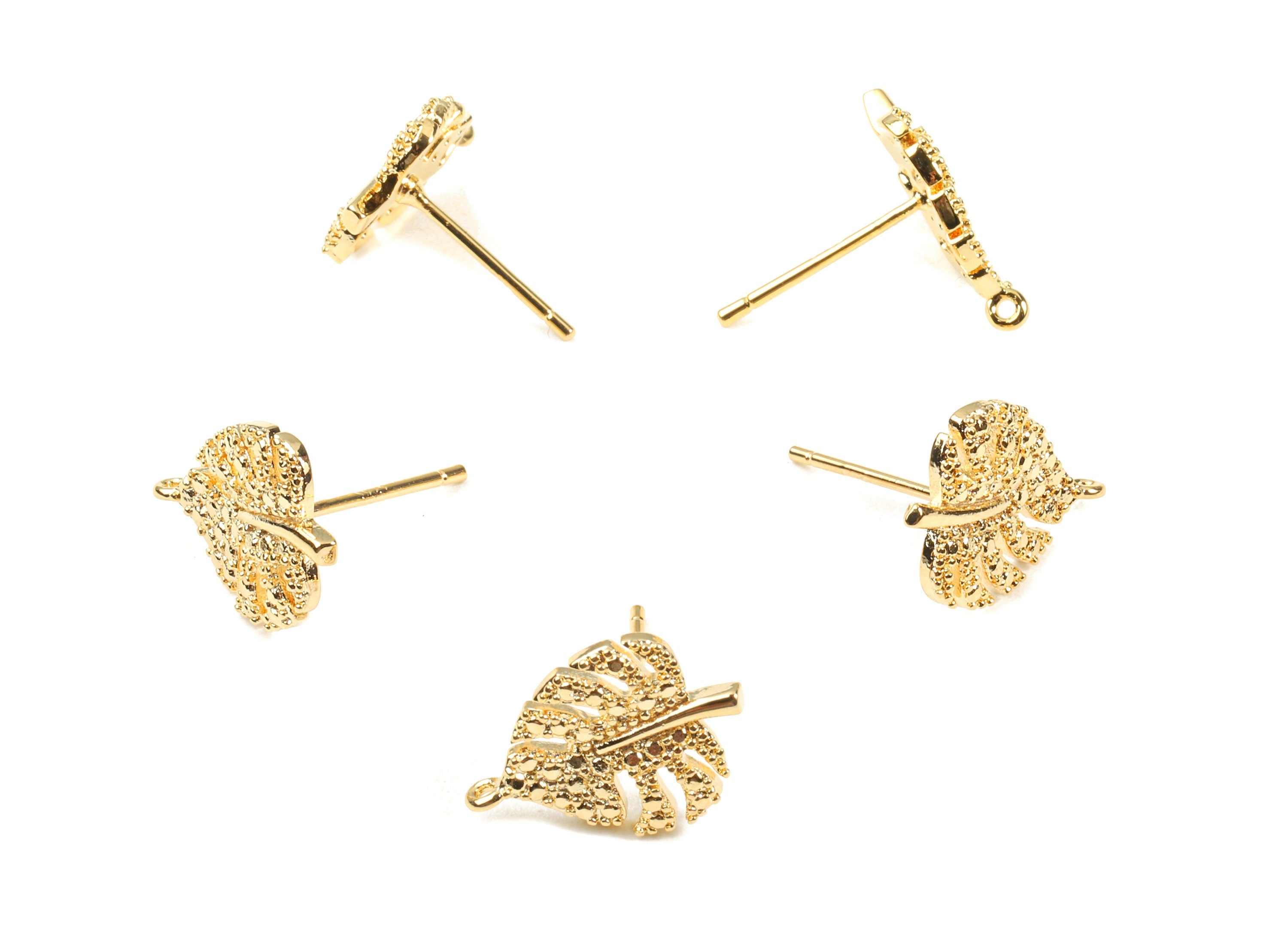 Brass Monstera Gold Earrings Stud - Brass Flower Earring Post With Loop - 18K Real Gold Plated Brass - 14.69x10.54x1.83mm - RGP2315 - DOMEDBAZAAR
