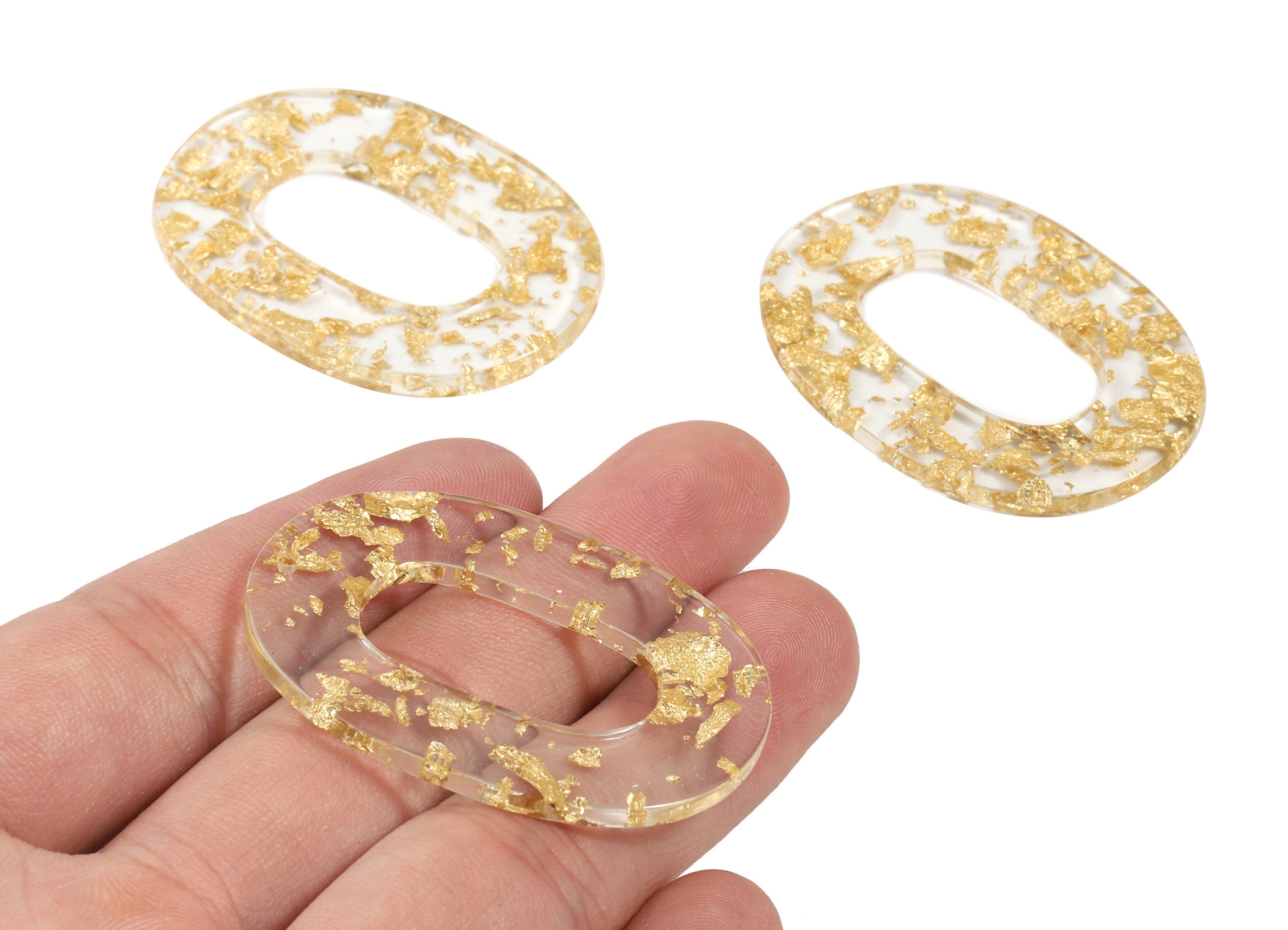 Acetate Oval Charms - Oval Earrings and Pendant - Gold Foil & Confetti - Jewelry Supplies - Color Code: A255 - 46.9x34.3x2.3mm - AC1065-A255 - DOMEDBAZAAR