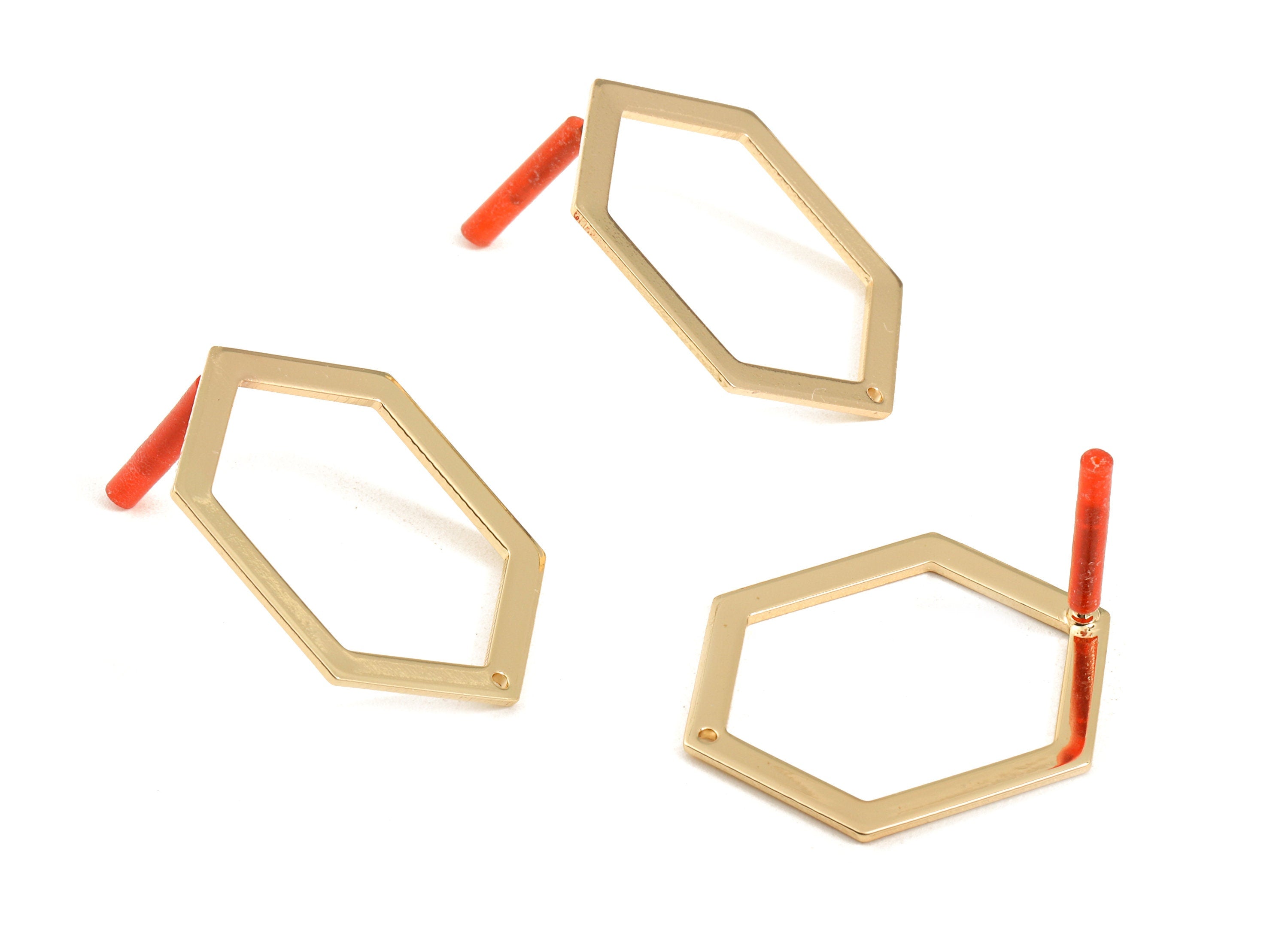 Brass Hexagon Earring Post - Brass Hexagon Earring Stud - Gold Tone Plated Brass - Jewelry Supplies - 32x24x1mm - PP3029 - DOMEDBAZAAR
