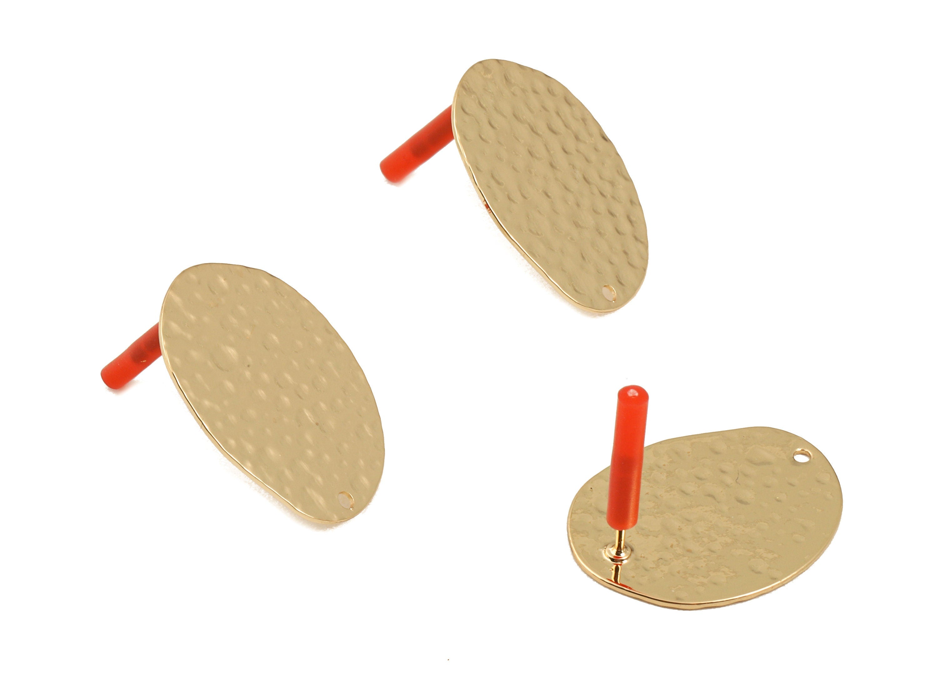 Brass Oval Earring Post - Brass Hammered Oval Earring Stud - Gold Tone Plated Brass - Jewelry Supplies - 24.8x19.1x1.04mm - PP3036 - DOMEDBAZAAR