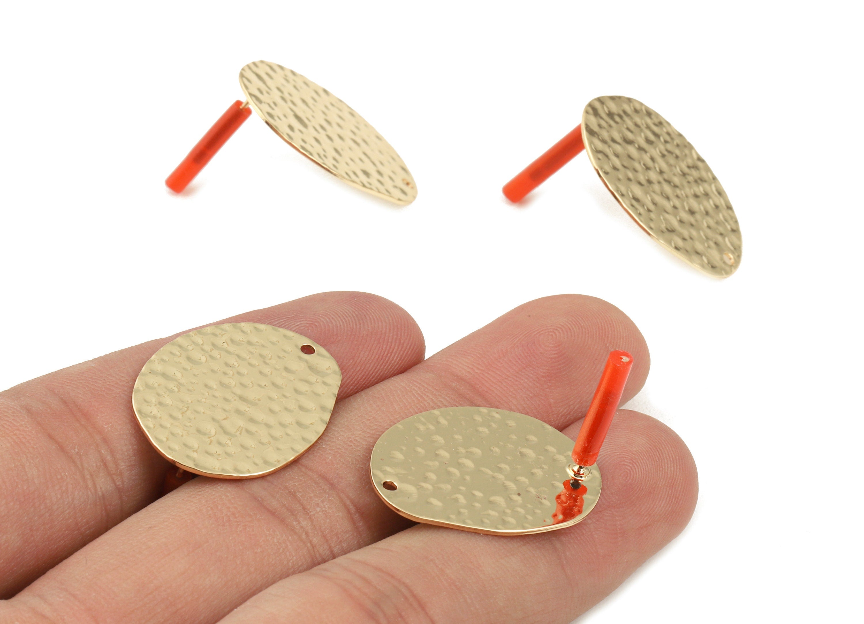 Brass Oval Earring Post - Brass Hammered Oval Earring Stud - Gold Tone Plated Brass - Jewelry Supplies - 24.8x19.1x1.04mm - PP3036 - DOMEDBAZAAR