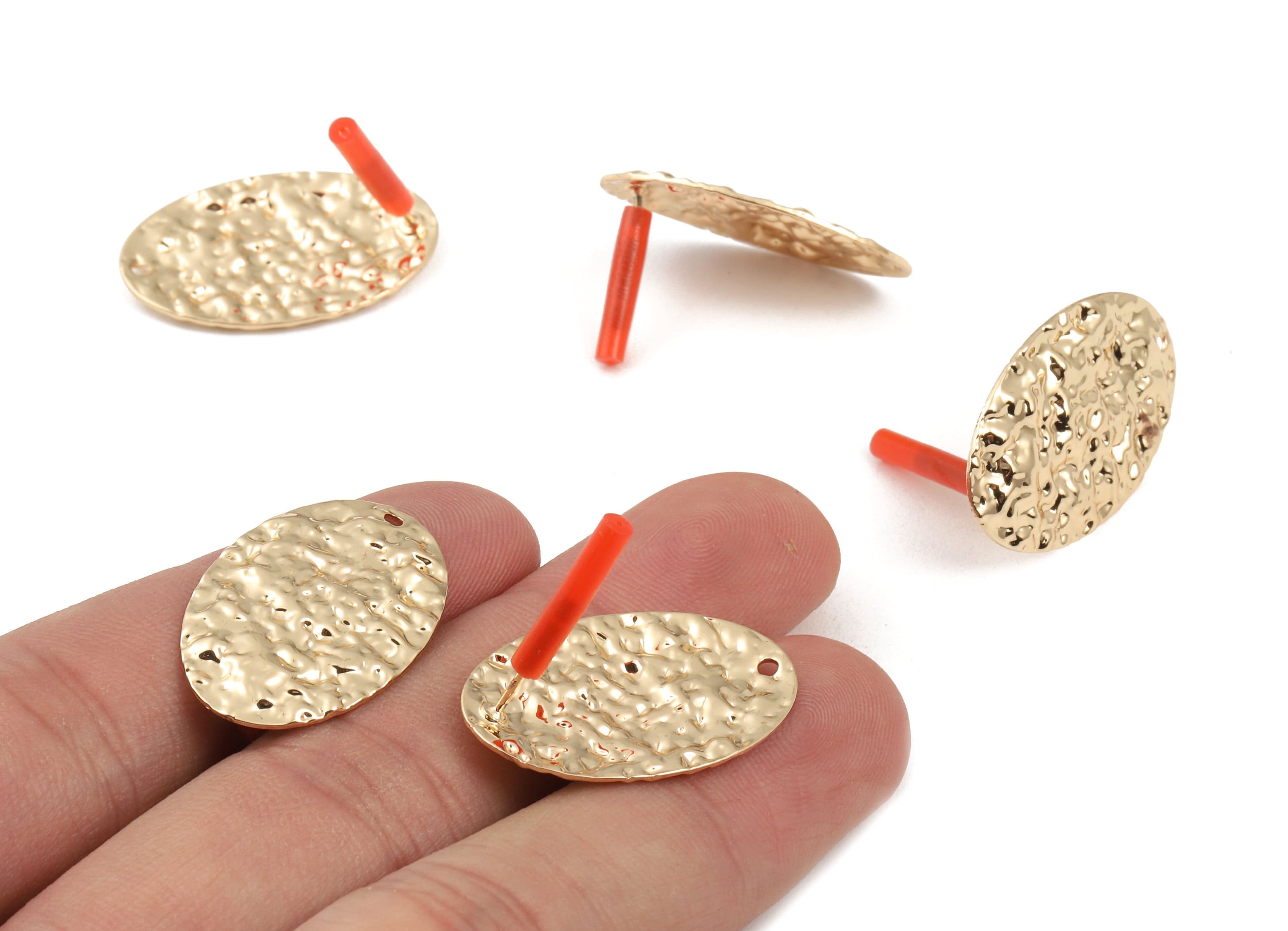 Brass Oval Earring Post - Brass Hammered Oval Earring Stud - Gold Tone Plated Brass - Jewelry Supplies - 26.52x17.23x0.55mm - PP3023 - DOMEDBAZAAR