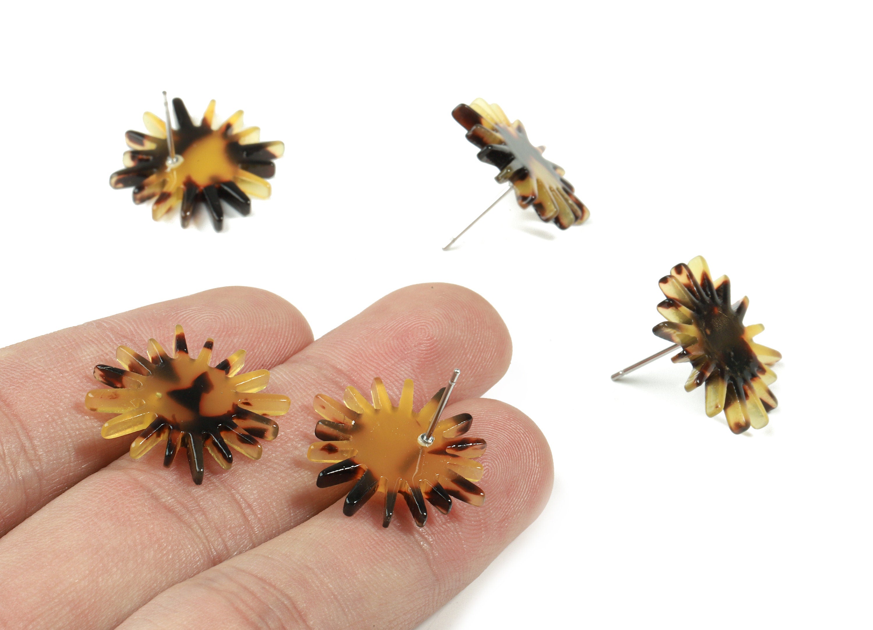 Acetate Sun Earring Stud - Star Earring Post - Tortoise Shell - Surgical Stud - Color Code: A02 - 22.22x21.66x2.54mm - AC1814-A02 - DOMEDBAZAAR