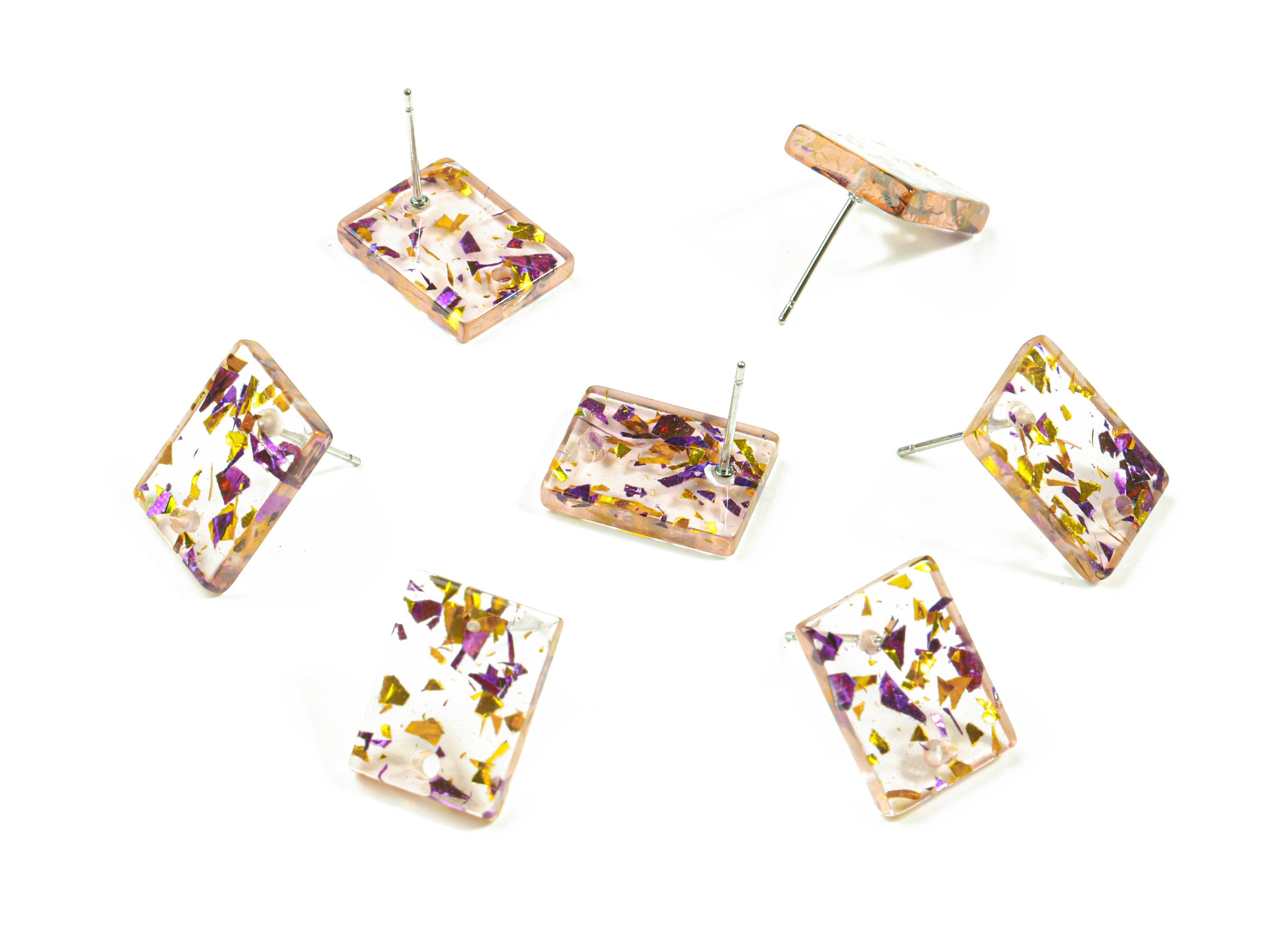 Acrylic Rectangle Earring Stud - Rectangle Earring Post - Purple Gold Foil & Confetti - Color Code: A388 - 15.59x11.72x2.72mm - AC1663-A388 - DOMEDBAZAAR