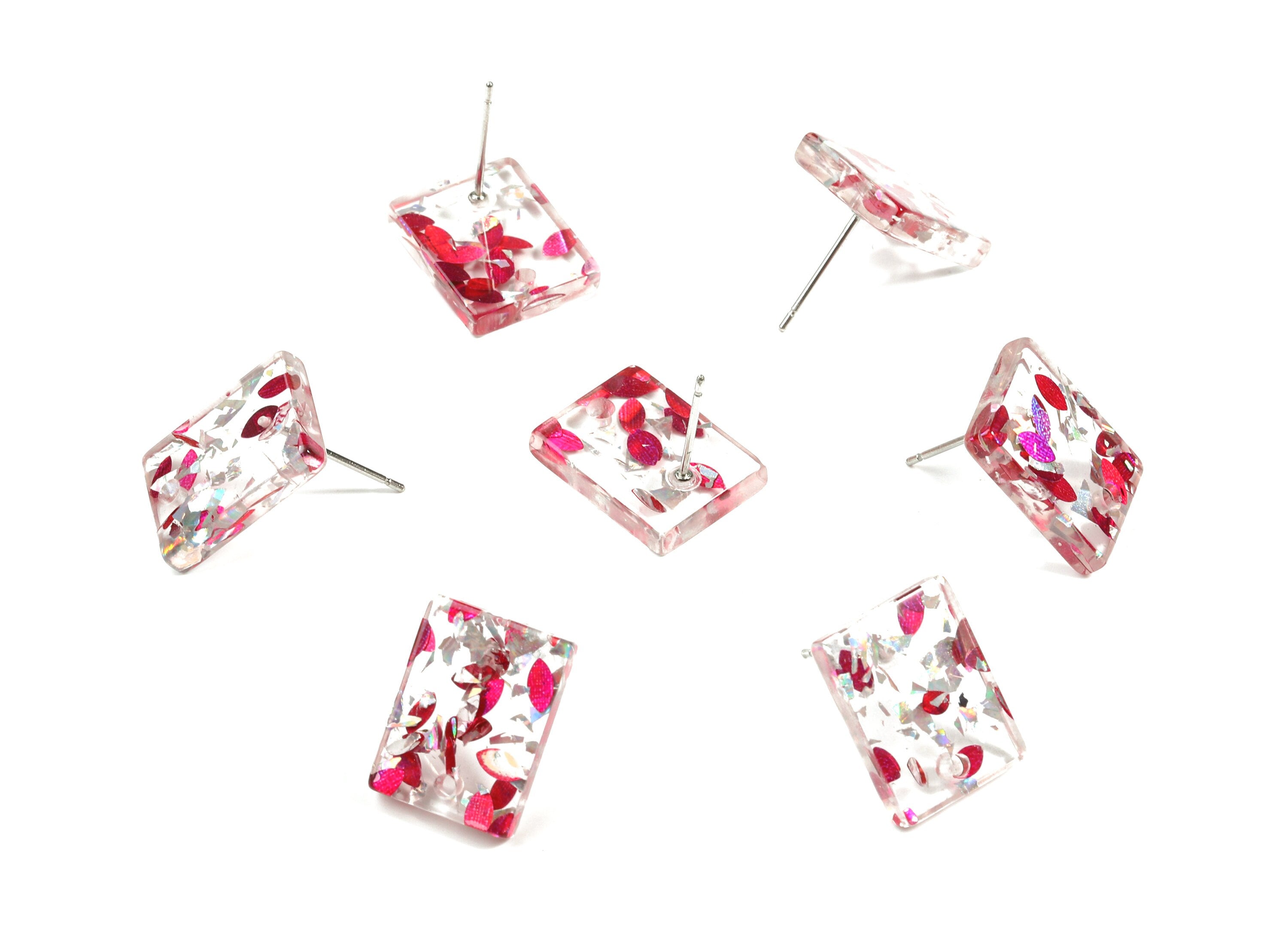 Acrylic Rectangle Earring Stud - Rectangle Earring Post - Pink Silver Foil & Confetti - Color Code: A449 - 15.57x11.83x3mm - AC1663-A449 - DOMEDBAZAAR