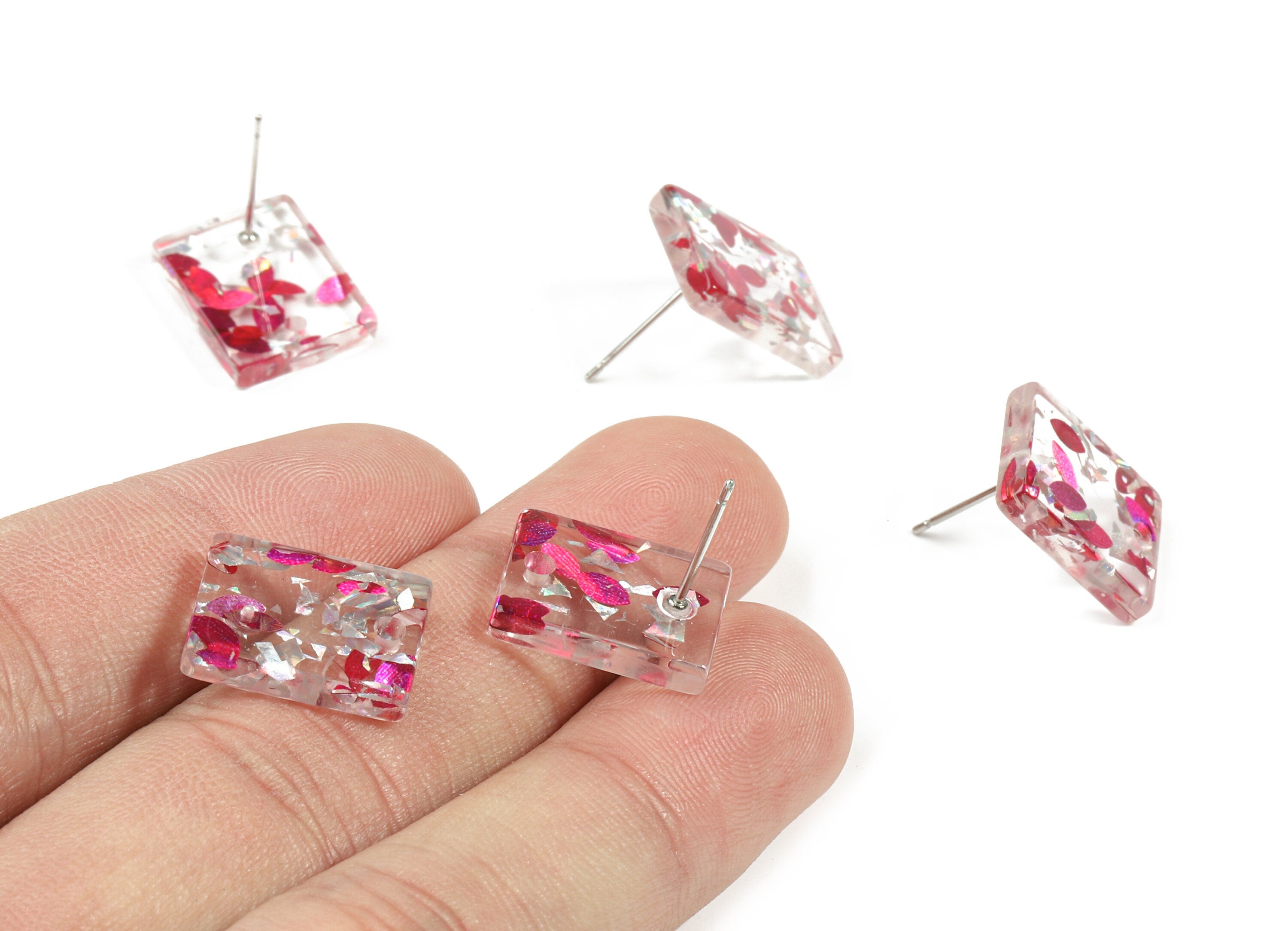 Acrylic Rectangle Earring Stud - Rectangle Earring Post - Pink Silver Foil & Confetti - Color Code: A449 - 15.57x11.83x3mm - AC1663-A449 - DOMEDBAZAAR