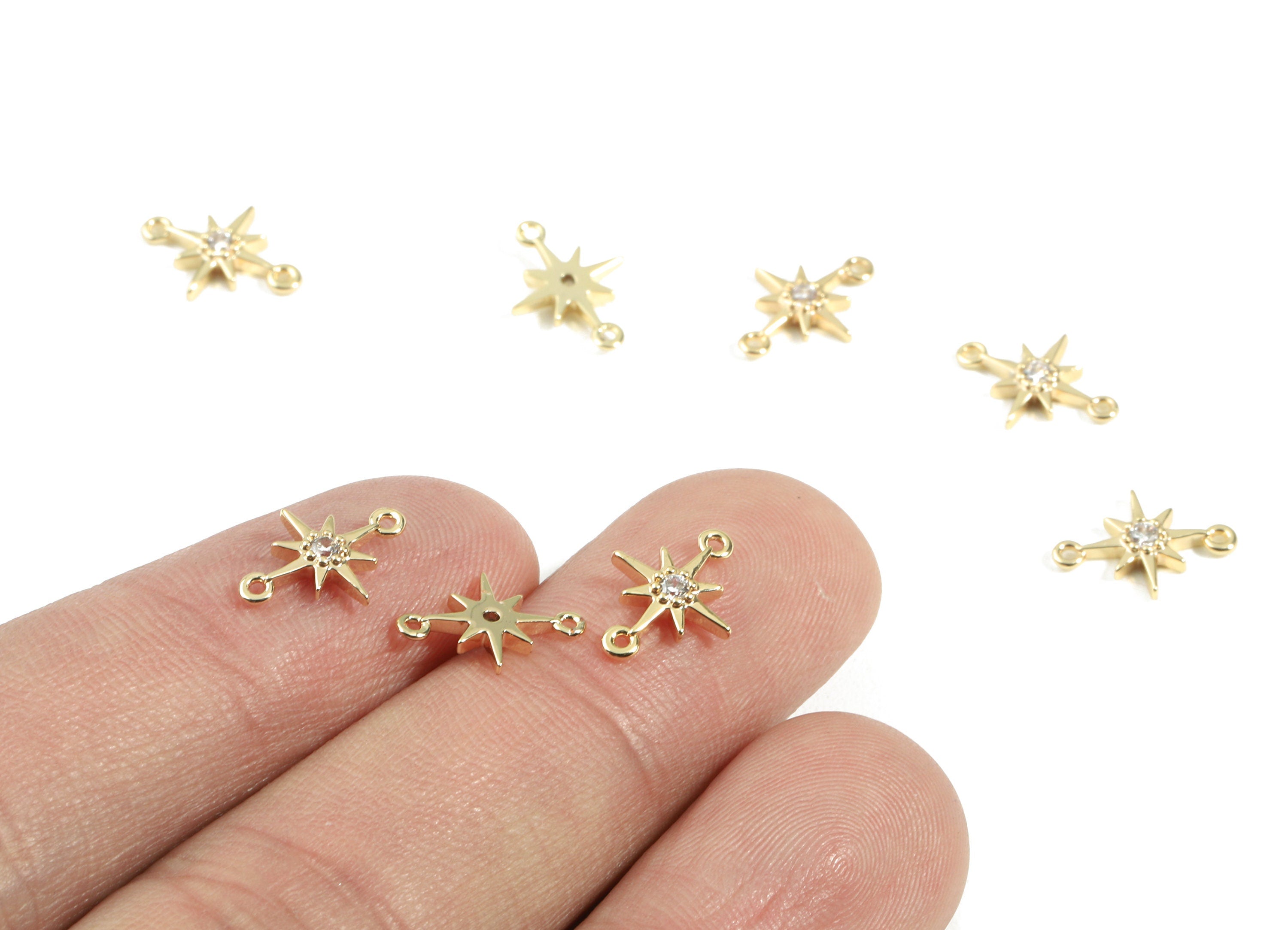 Brass Star Connectors With Zircons - Brass Star Earring Pendant and Necklace - 18K Real Gold Plated Brass - 11.74x8.49x1.8mm - RGP2436 - DOMEDBAZAAR