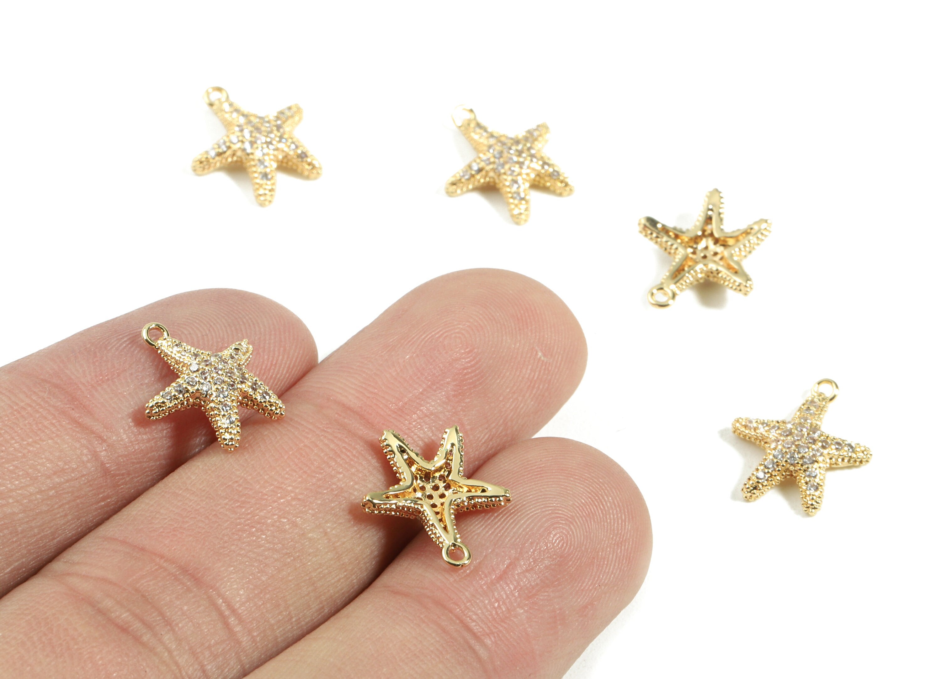 Brass Starfish Charms With Zircons - Brass Starfish Earring Bracelet Charms - 18K Real Gold Plated Brass - 13.52x11.37x1.97mm - RGP2437 - DOMEDBAZAAR