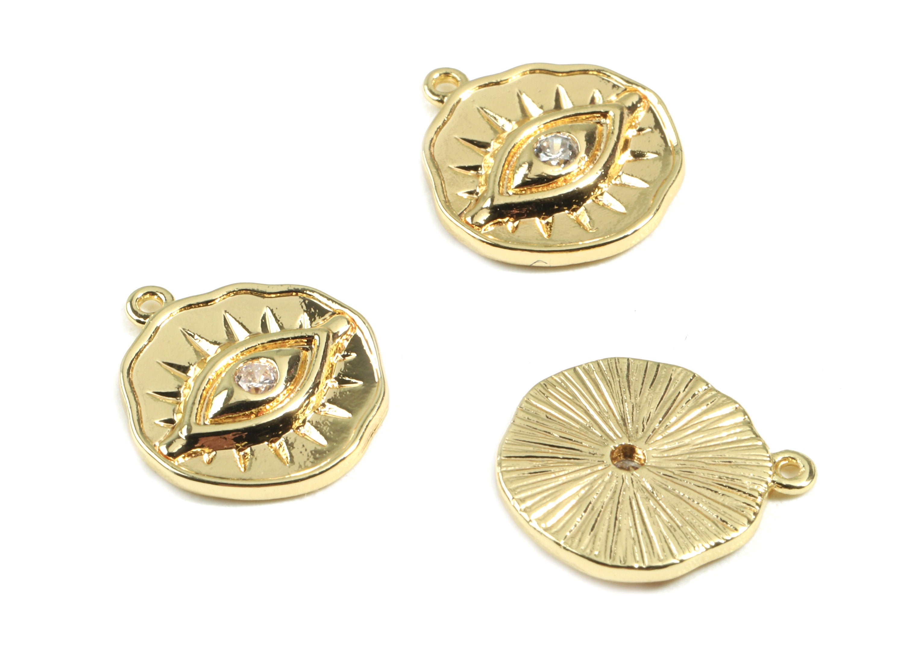 Brass Eye Charms With Zircons - Brass Eye Earring Pendant and Necklace - 18K Real Gold Plated Brass - 13.08x12.15x2.07mm - RGP2433 - DOMEDBAZAAR