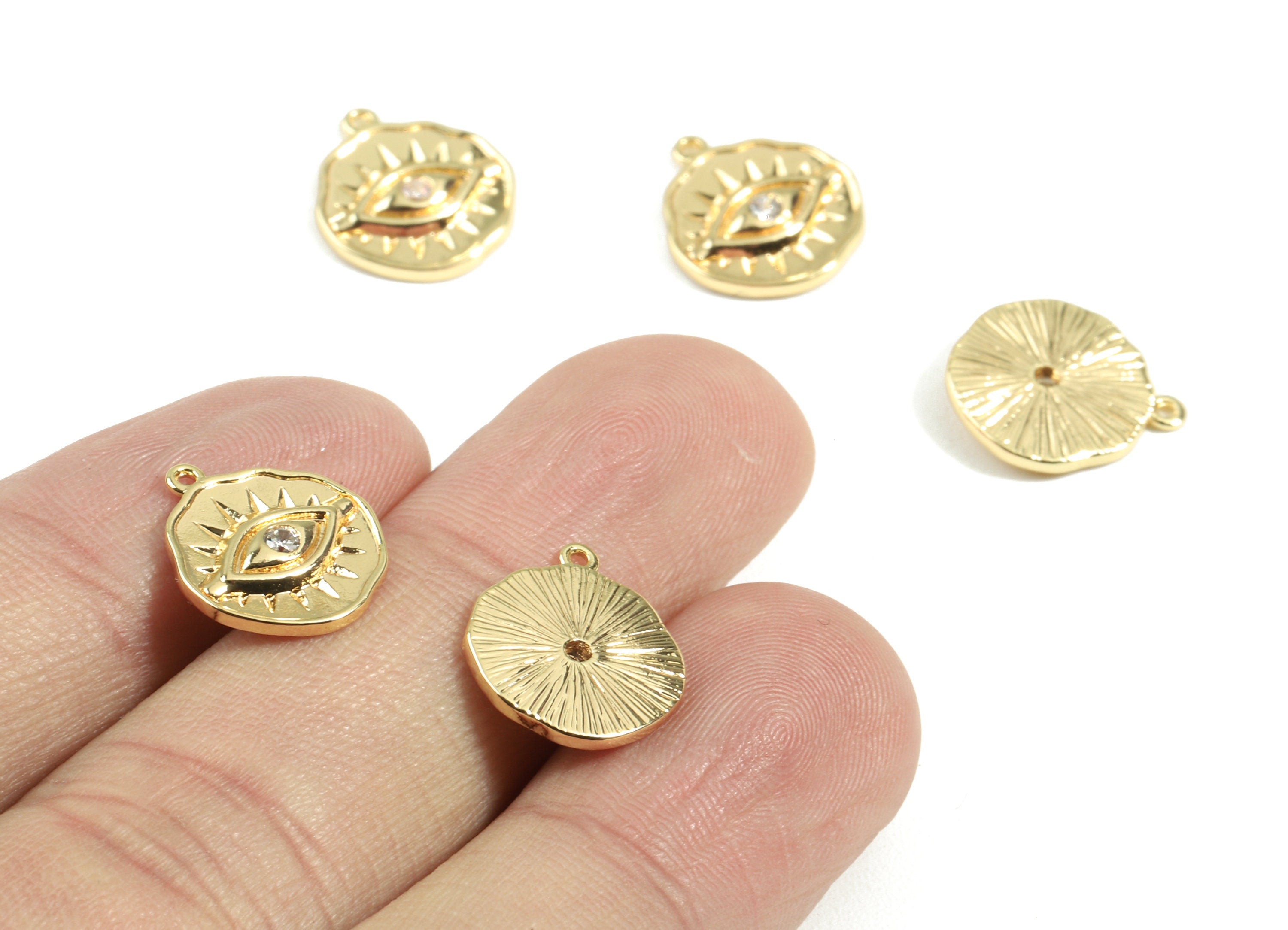 Brass Eye Charms With Zircons - Brass Eye Earring Pendant and Necklace - 18K Real Gold Plated Brass - 13.08x12.15x2.07mm - RGP2433 - DOMEDBAZAAR