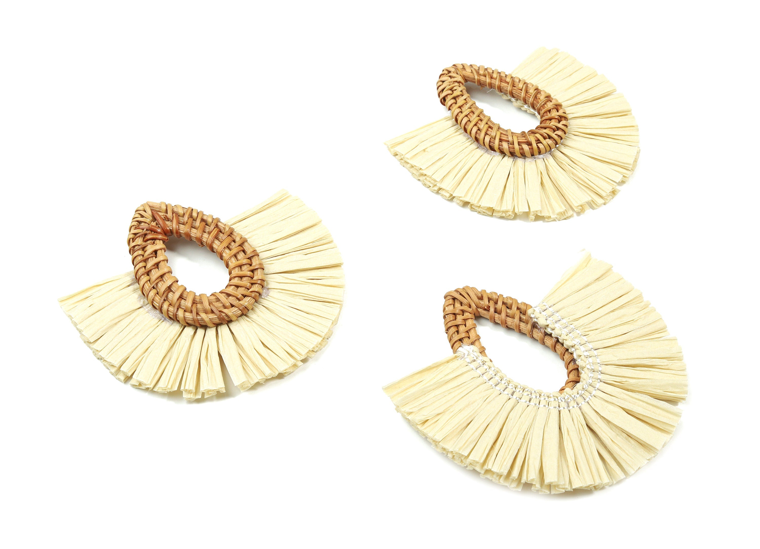 Handwoven Rattan With Raffia Tassels Earring Charms - Drop Rattan Tassels - Wooden Straw Earring - 75.81x72.97x7.59mm - RT1350 - DOMEDBAZAAR