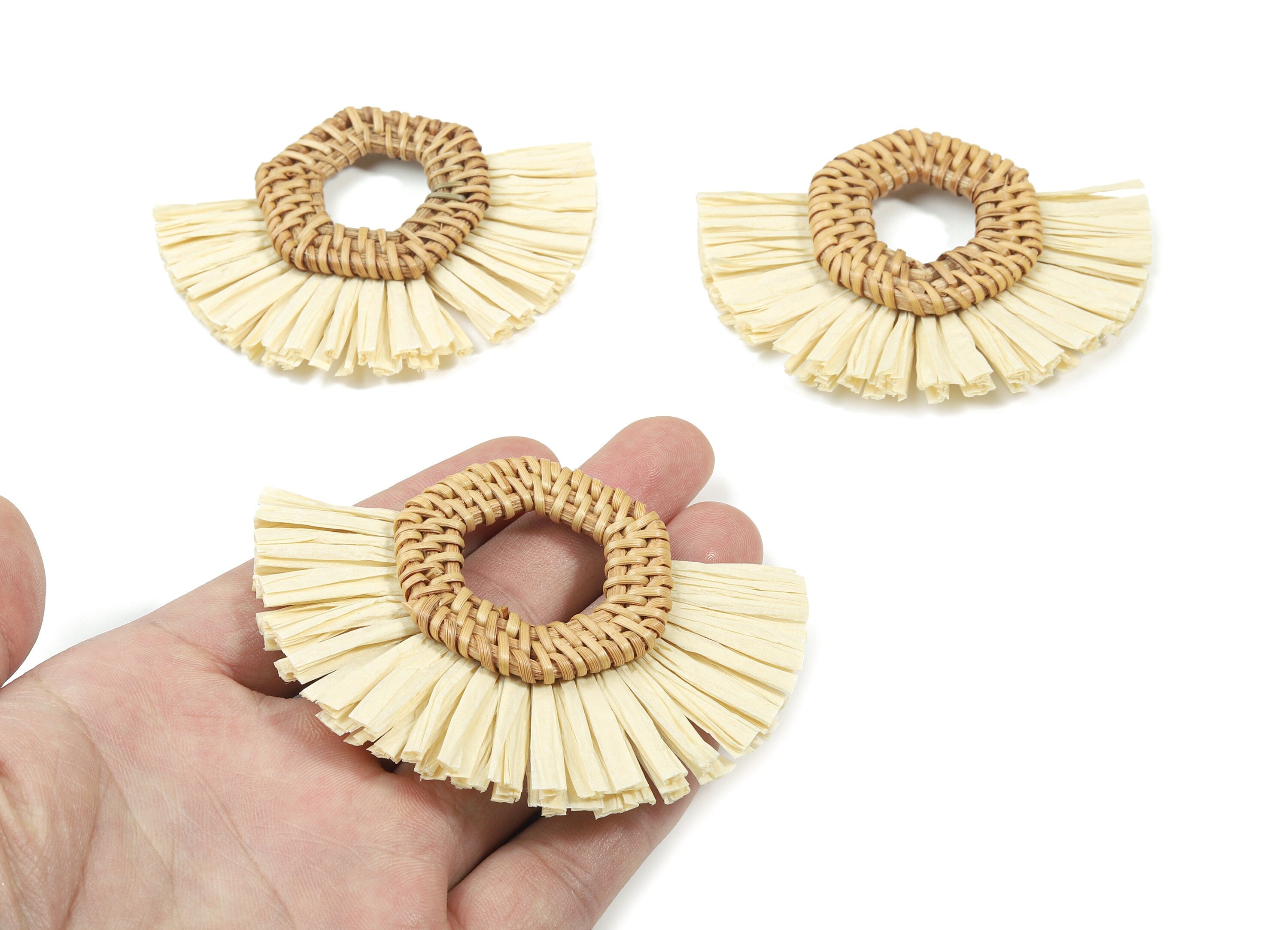 Handwoven Rattan With Raffia Tassels Earring Charms - Hexagon Rattan Tassels - Wooden Straw Earring - 79.98x65.96x8.5mm - RT1351 - DOMEDBAZAAR