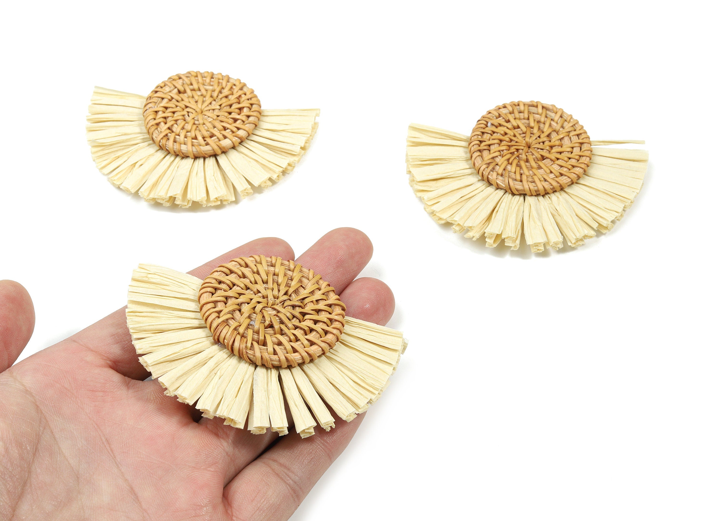 Handwoven Rattan With Raffia Tassels Earring Charms - Round Rattan Tassels - Wooden Straw Earring - 78.87x62.27x8.54mm - RT1352 - DOMEDBAZAAR