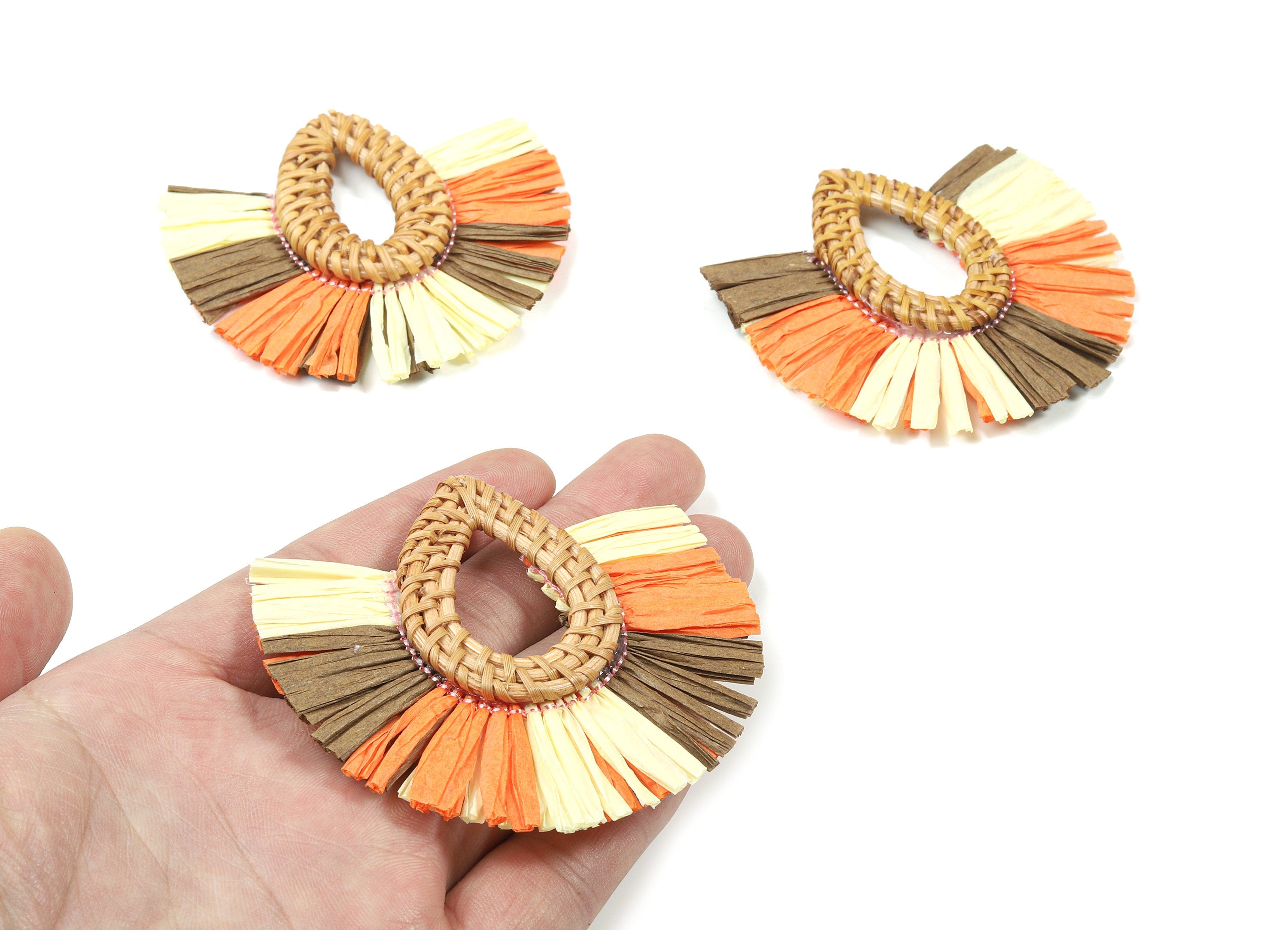 Handwoven Rattan With Raffia Tassels Earring Charms - Drop Rattan Tassels - Wooden Straw Earring - 72.79x71.06x8.01mm - RT1355 - DOMEDBAZAAR