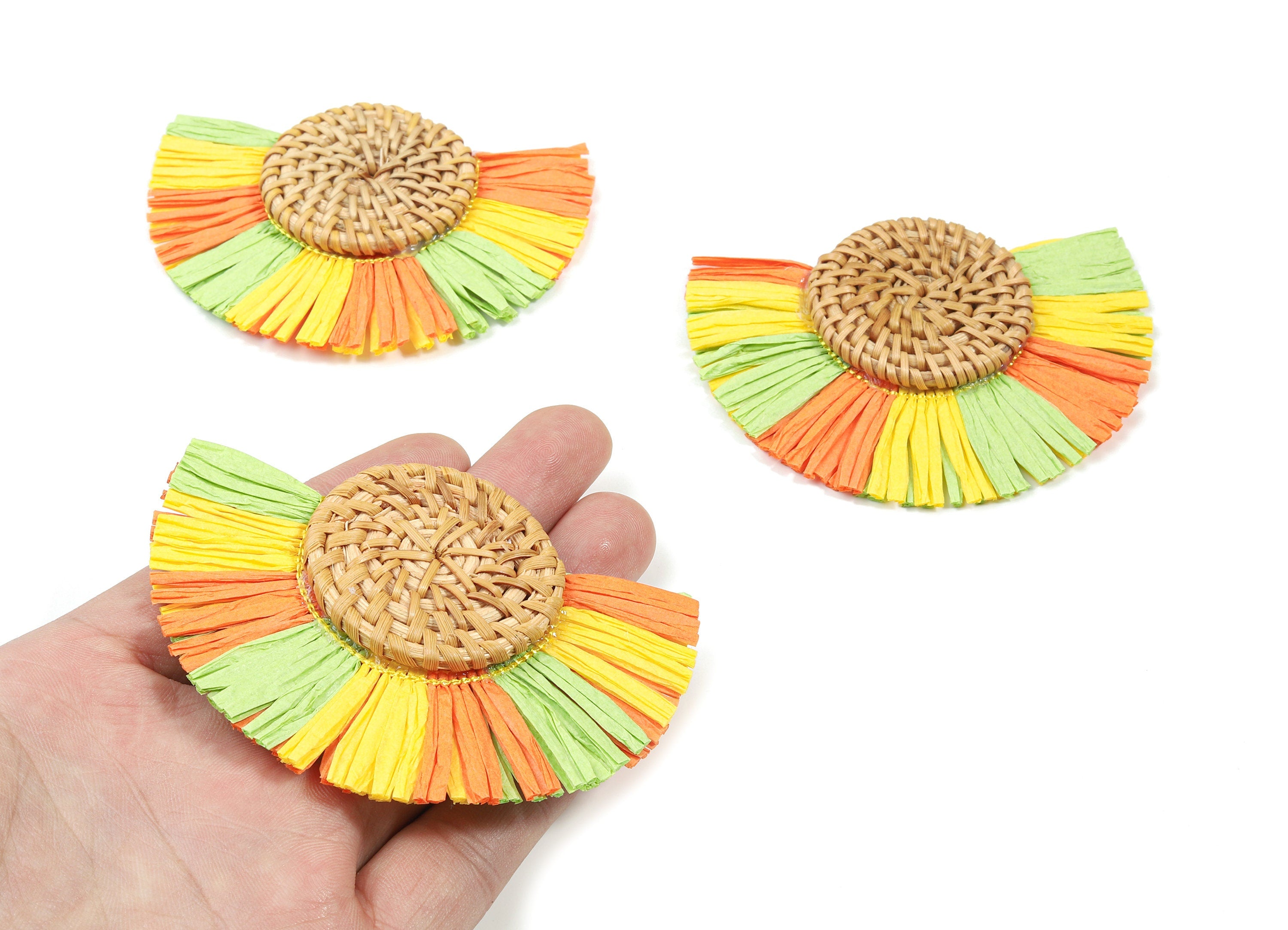 Handwoven Rattan With Raffia Tassels Earring Charms - Round Rattan Tassels - Wooden Straw Earring - 86.5x64.82x7.6mm - RT1357 - DOMEDBAZAAR