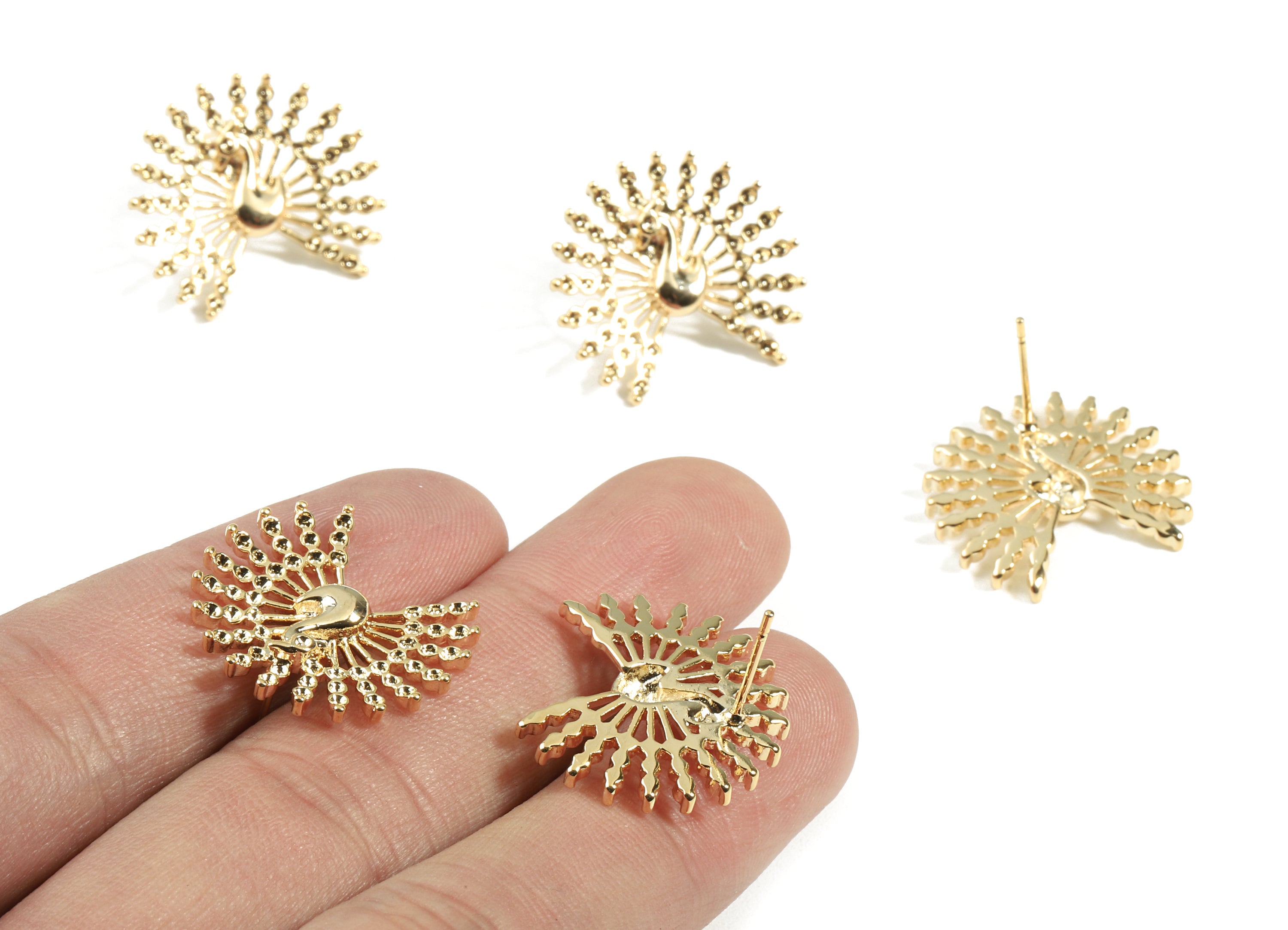 Brass Gold Peacock Earring Stud - Brass Peacock Earring Post - 18K Real Gold Plated Brass - Jewelry Supplies - 21.83x19.56x2.6mm - RGP2359 - DOMEDBAZAAR