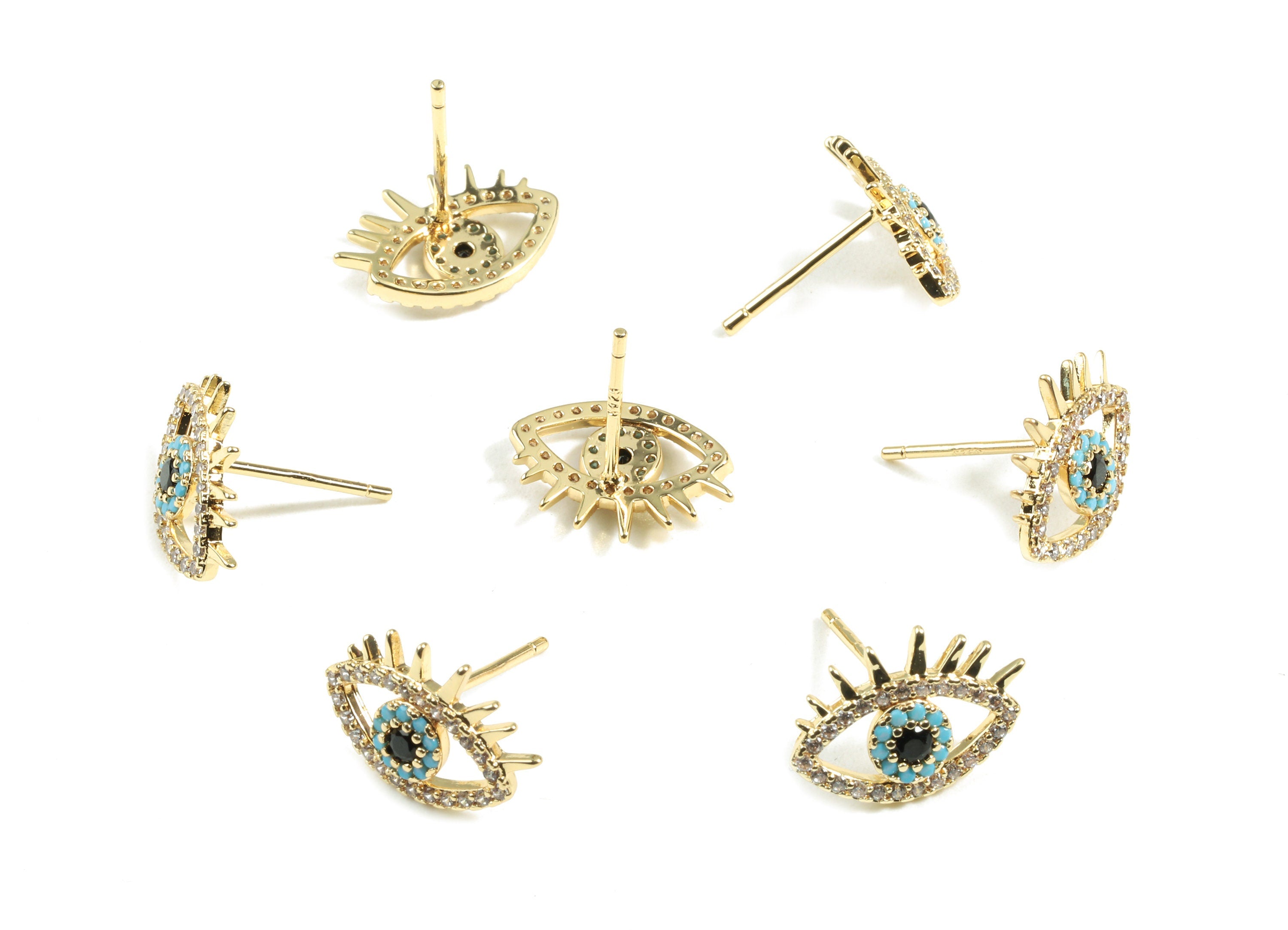 Brass Eye Earring Stud With Zircon - Brass Eye Earring Post - 18K Real Gold Plated Brass - Jewelry Supplies - 14.12x9.75x1.79mm - RGP2412 - DOMEDBAZAAR