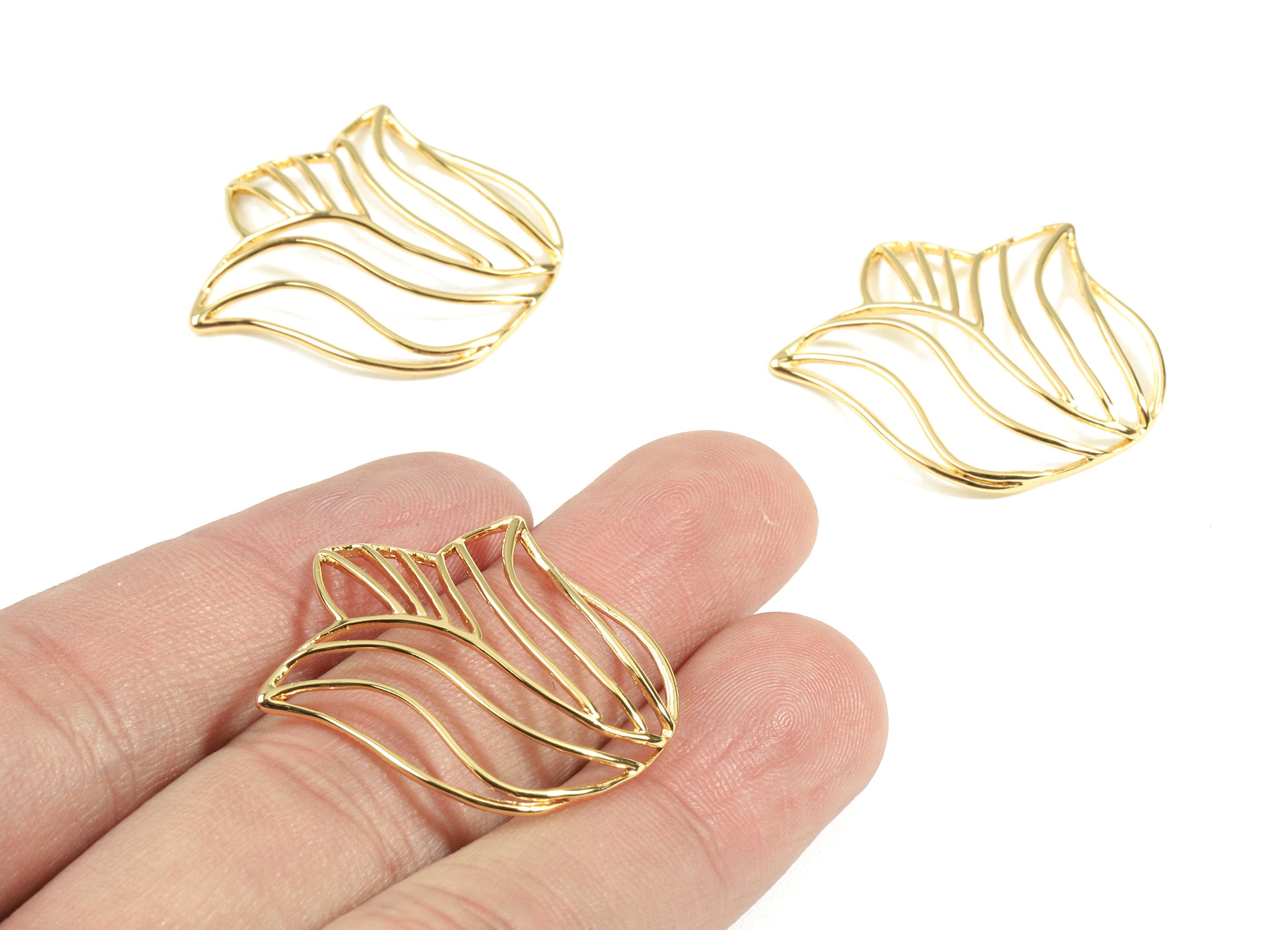 Brass Tulip Earring Wire - Brass Gold Tulip Earring Charms - 18K Real Gold Plated Brass - Jewelry Supplies - 30.03x28.8x0.87mm - RGP2378 - DOMEDBAZAAR