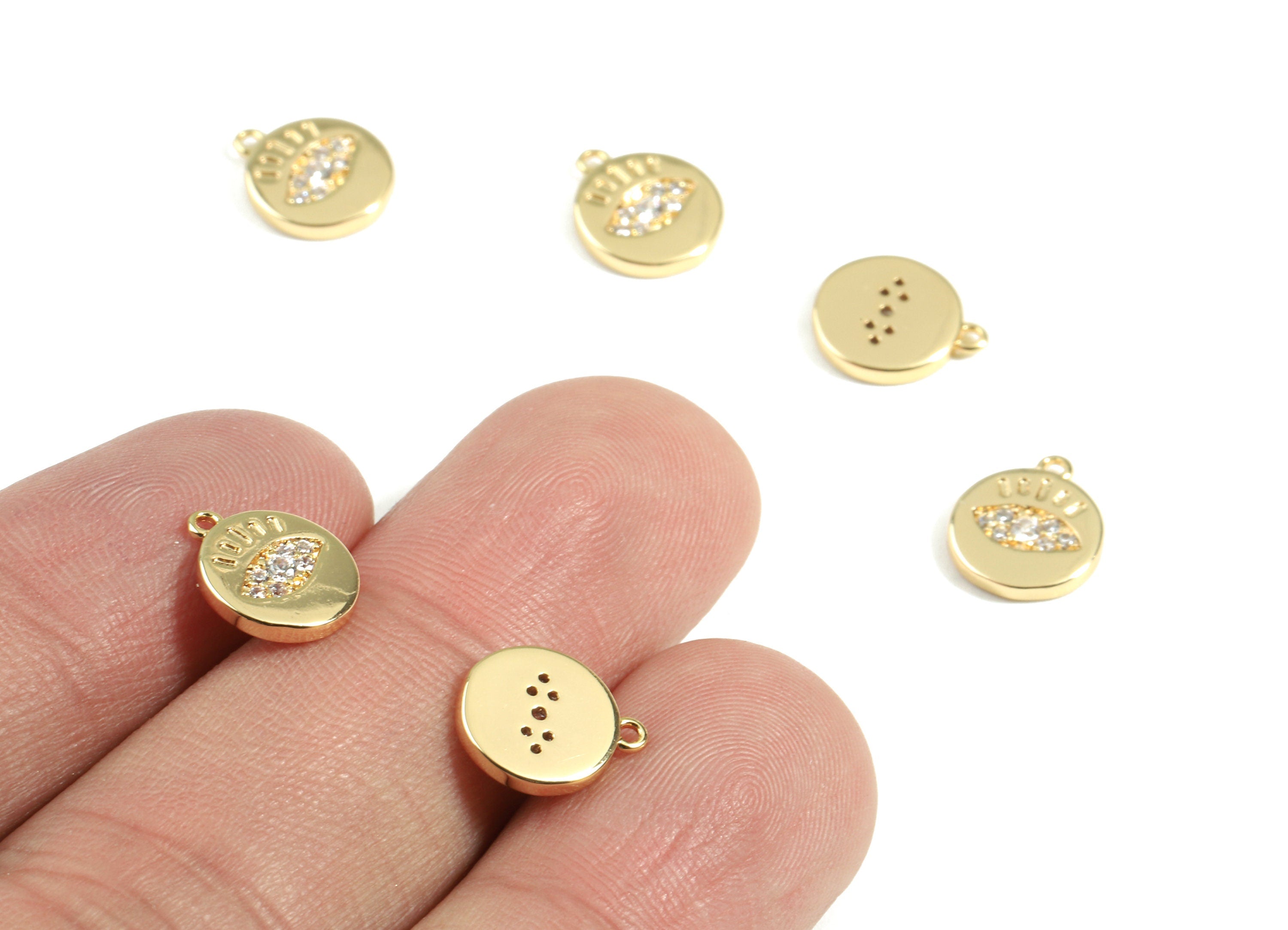 Brass Eye Charms With Zircon - Brass Gold Round Bracelet Charms - 18K Real Gold Plated Brass - Jewelry Supplies - 10.04x8.7x1.58mm - RGP2418 - DOMEDBAZAAR