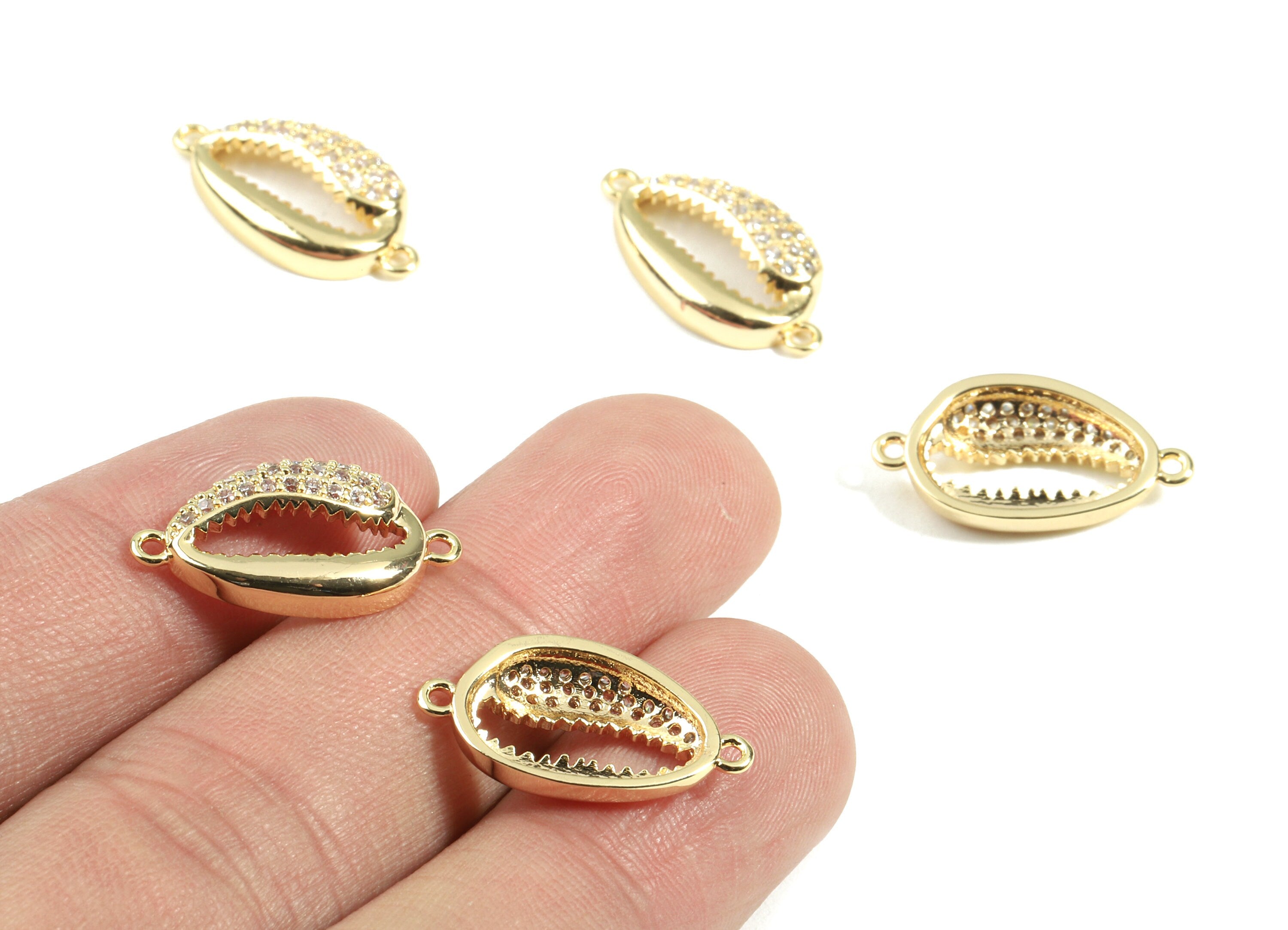 Brass Cowrie Seashell Connector - Brass Cut Open Mussel Shell With Zircon - 18K Real Gold Plated Brass - 20.58x11.16x2.03mm - RGP2444 - DOMEDBAZAAR