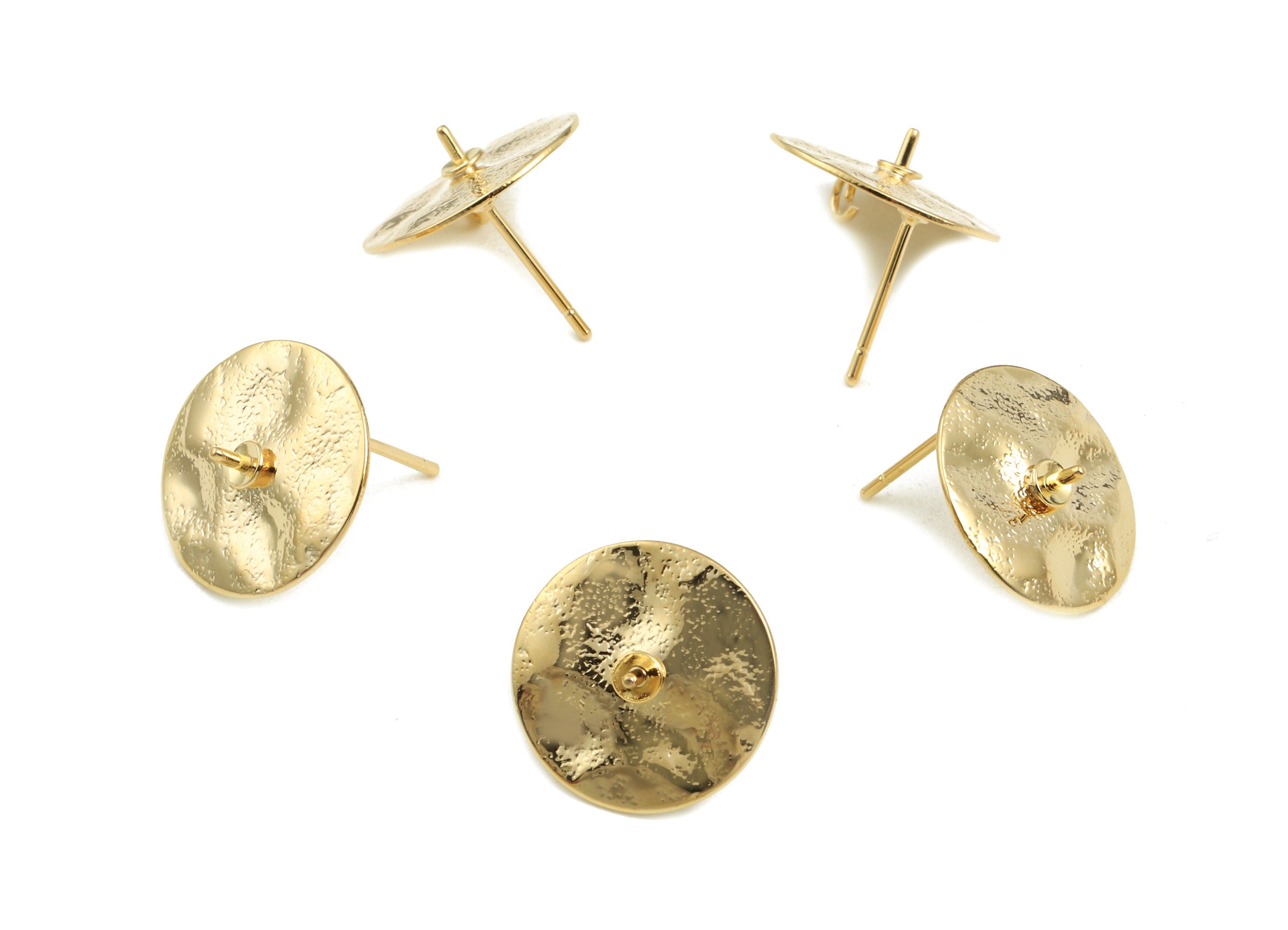 Brass Round Earring Post With Loop - Brass Circle Earring Stud For Pearl - 18K Real Gold Plated Brass - 15.21x6.26x0.71mm - RGP2383 - DOMEDBAZAAR