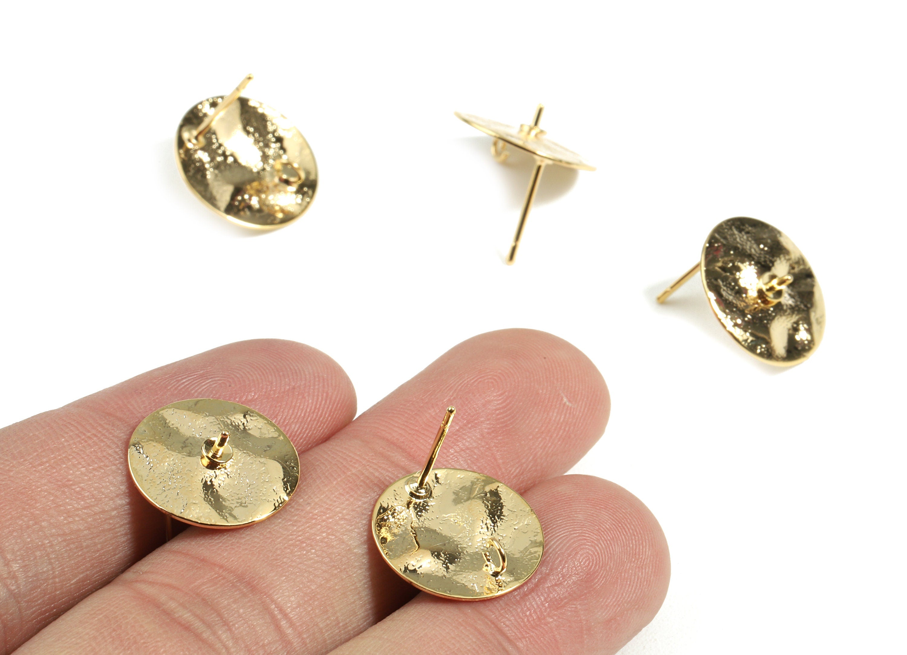 Brass Round Earring Post With Loop - Brass Circle Earring Stud For Pearl - 18K Real Gold Plated Brass - 15.21x6.26x0.71mm - RGP2383 - DOMEDBAZAAR