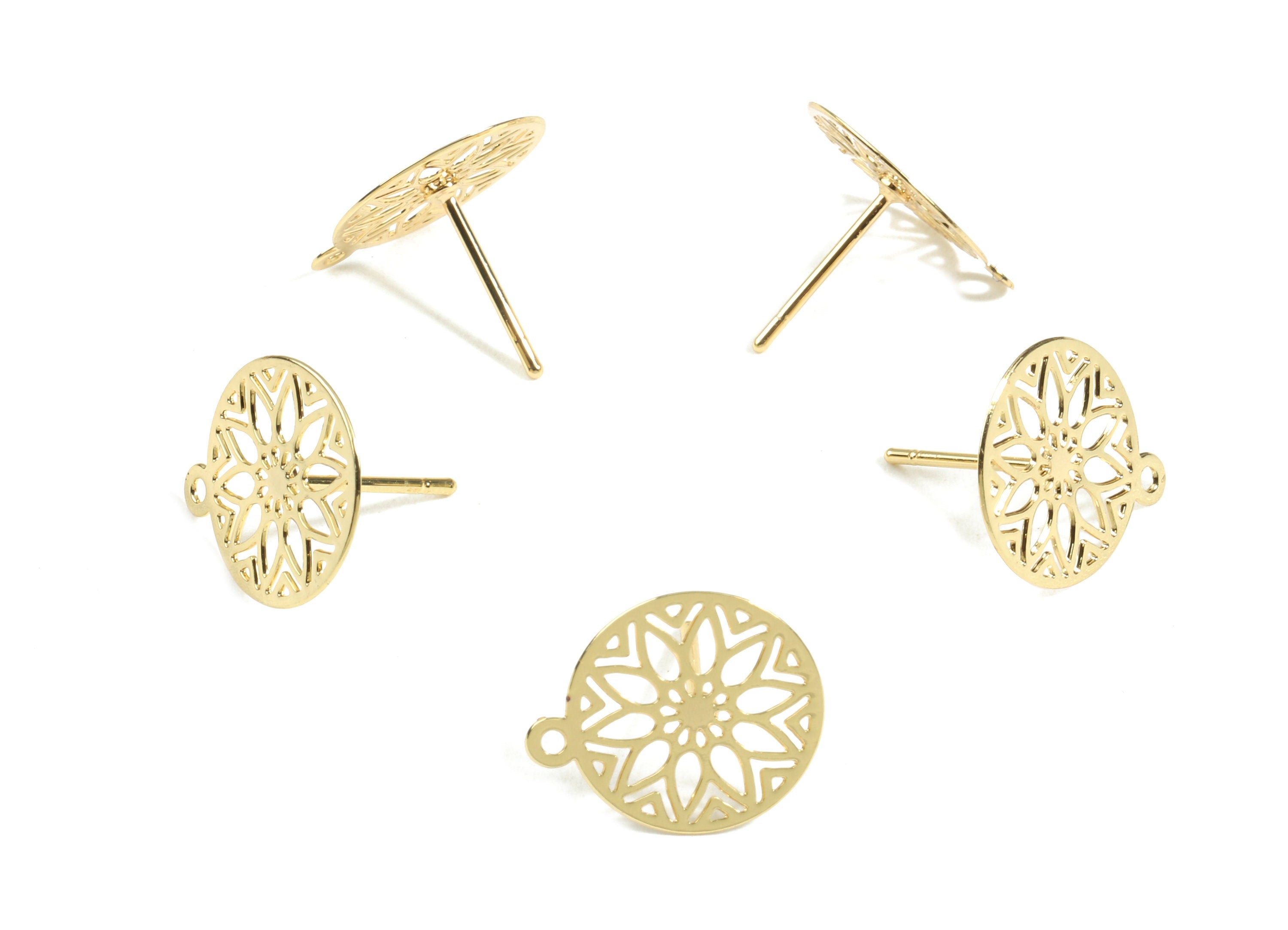 Brass Snowflake Earring Stud With Loop - Brass Round Earring Post - 18K Real Gold Plated Brass - 14.77x12.66x0.35mm - RGP2397 - DOMEDBAZAAR
